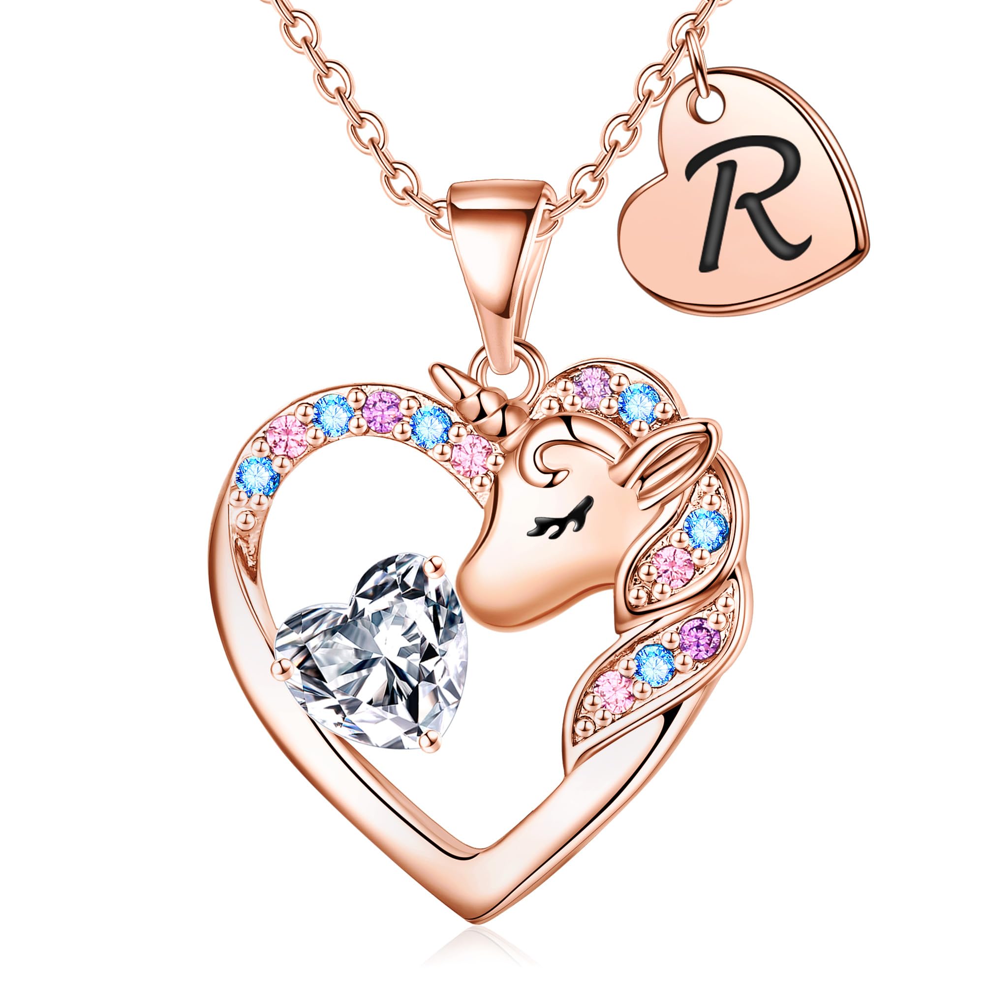 TINGN Einhorn Geschenke für Mädchen - Einhorn Halskette für Mädchen 14 Karat Vergoldet Einhorn Kette Kinder Herz Halskette mit Buchstaben Kette Mädchen Schmuck Geburtstagsgeschenk für Tochter