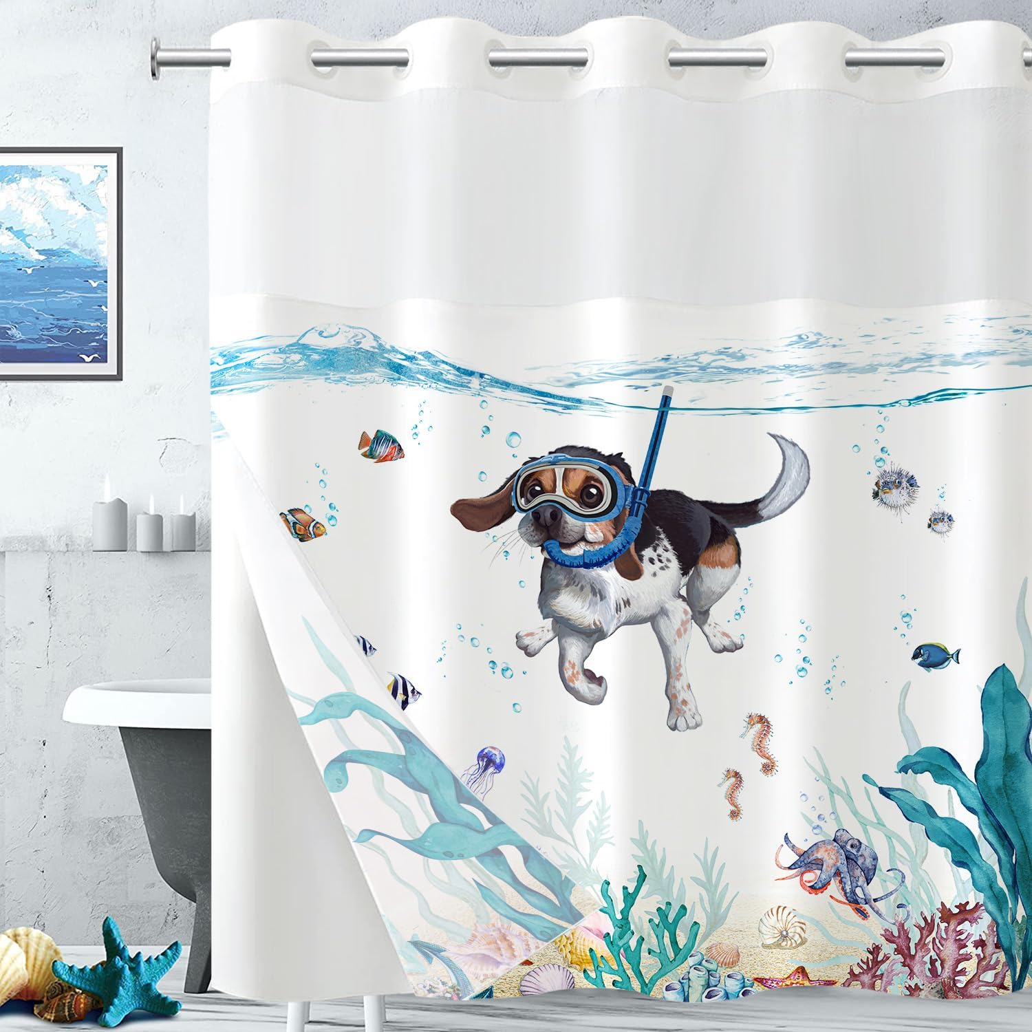 No Hook Shower Curtain with Snap in Liner, Funny Dog Nautical Animal Octopus Starfish Turtle Fish Curtains Set with Waterproof Inner Liner for Bathroom, Teal Blue Cute Sea Ocean 72×74 inches
