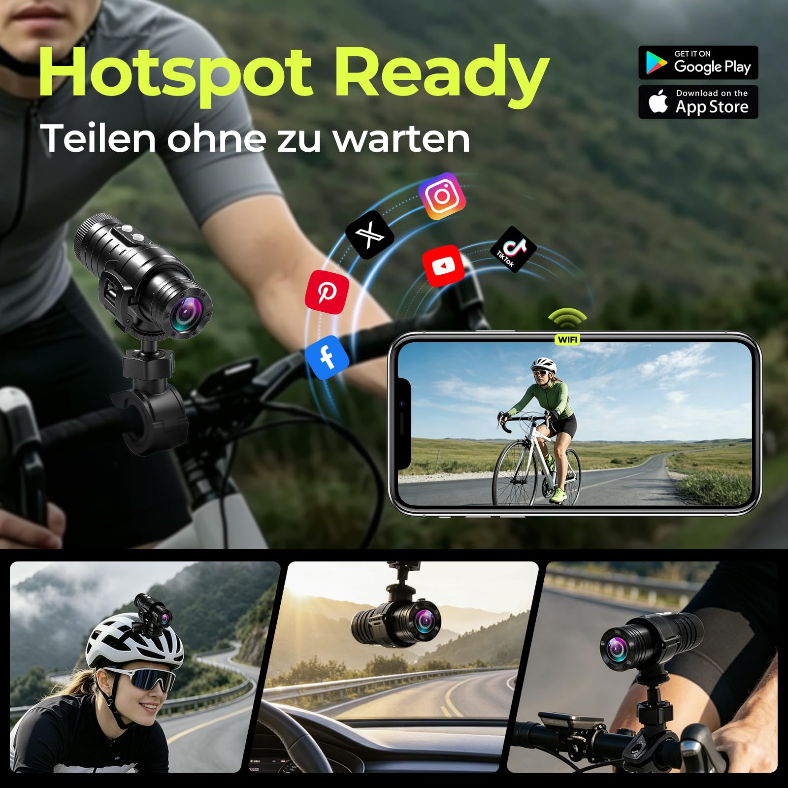 AIKER Dash Cam Moto,Versione Aggiornata Wifi Telecamera Moto 1080phd&Angolo Ampio Di 120°/Ip66 Impermeabile/Lunga autonomia/Regolazione Orizzontale In Tempo Reale Action Cam,Collegamenti Intelligenti