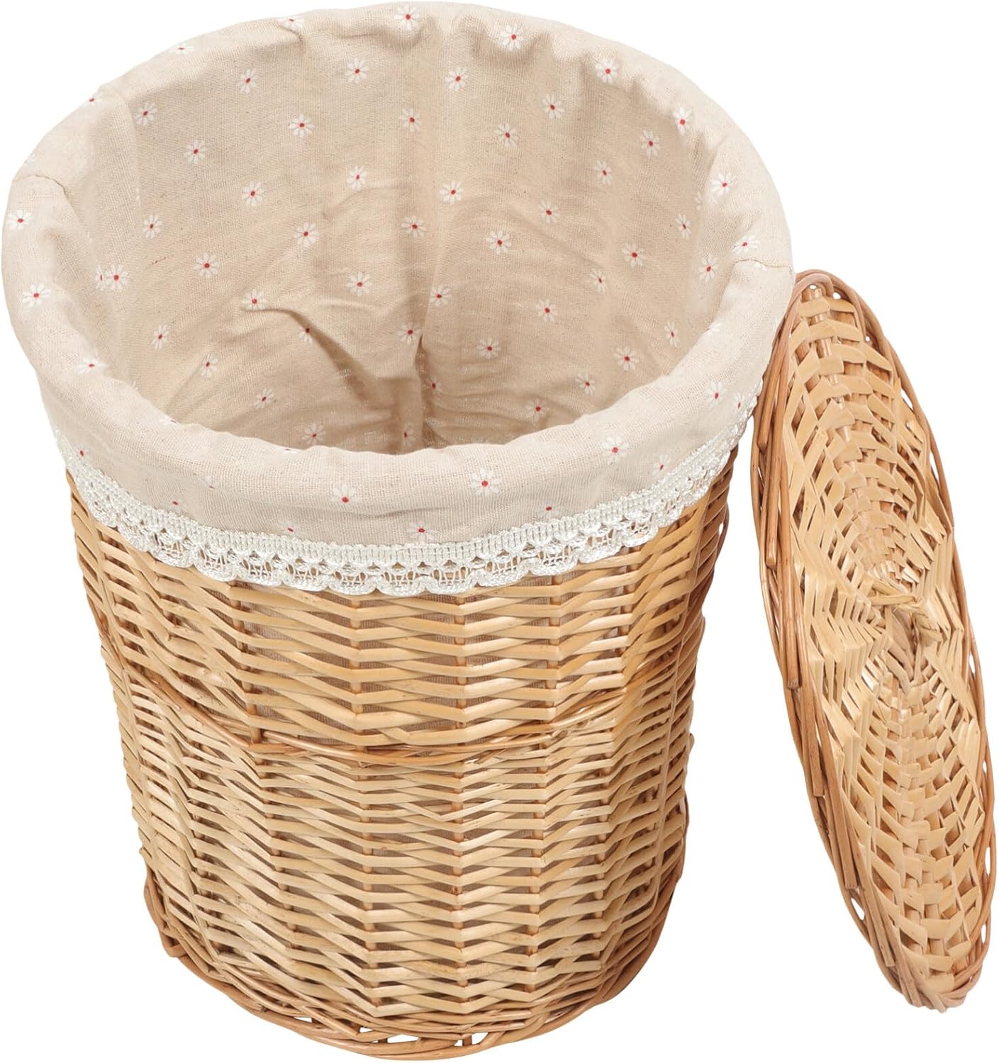 VOSAREA Wicker Laundry Hamper Handwoven Laundry Bin Basket with Lid and Liner Bedroom Waste Bin Round Laundry Room Clothes Organizer Basket Natural