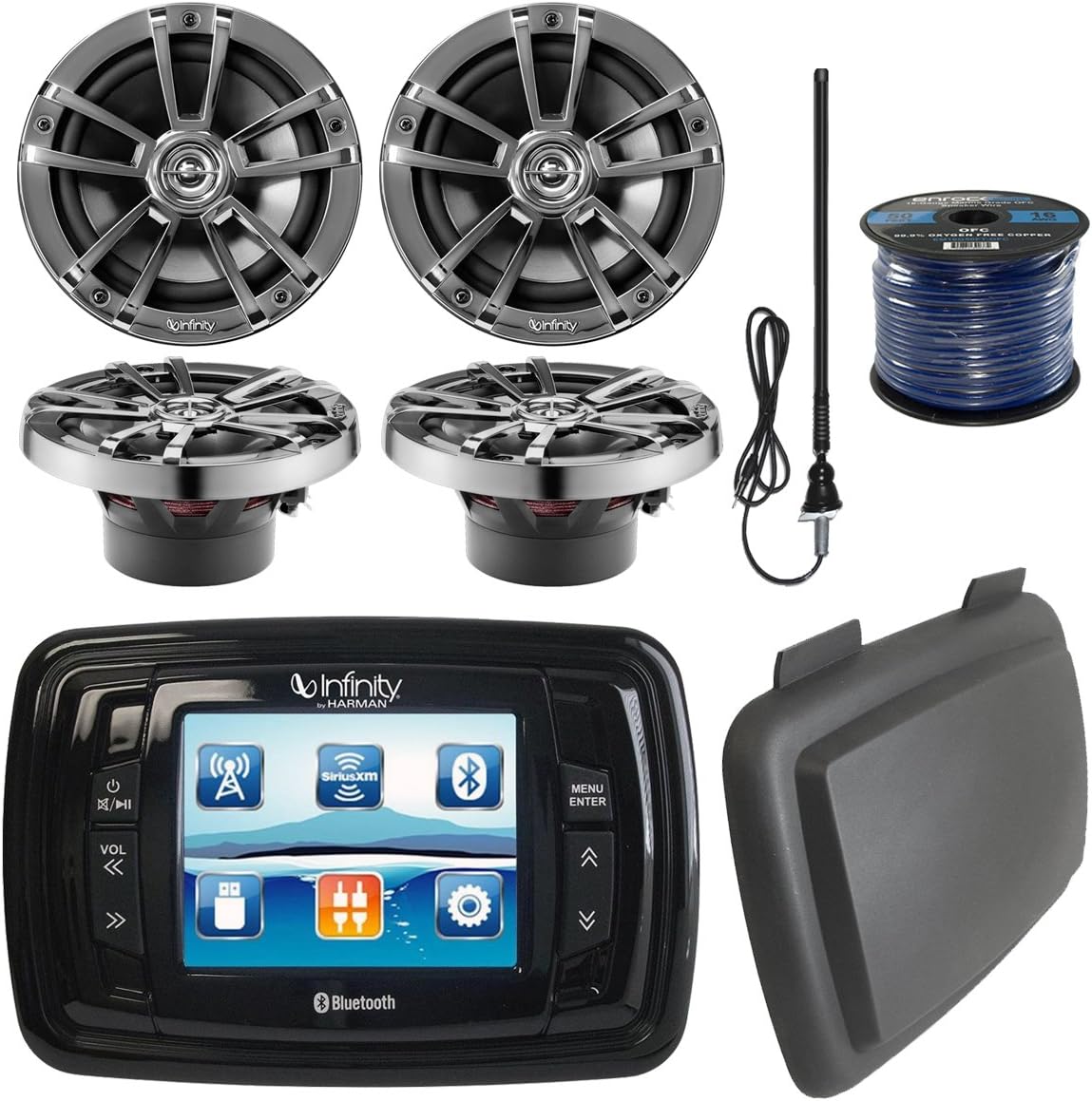 Infinity PRV350 Marine 3.5" Display Bluetooth Stereo Receiver W/Cover, Bundle Combo with 4X 6.5 Inch 225-Watt 2-Way Boat Speakers