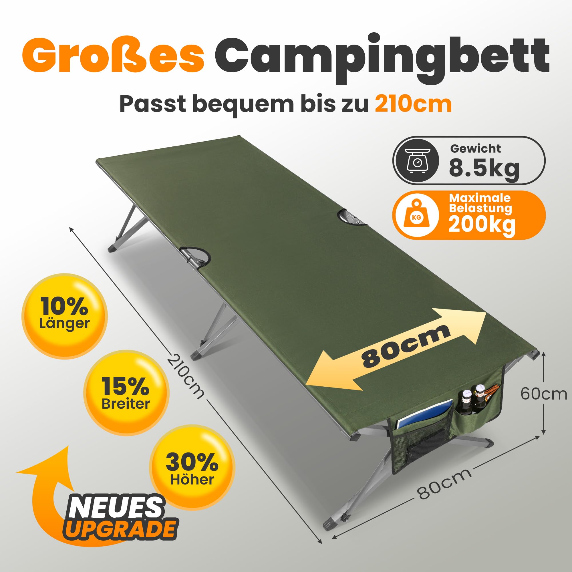 Join Nature Feldbett Klappbar 210 x 80 x 60 cm,Breite Campingbett 200kg Belastbar, Stabil Tragbar Feldbett mit Seitentasche, für Camping Garten Reisen Outdoor und Indoor