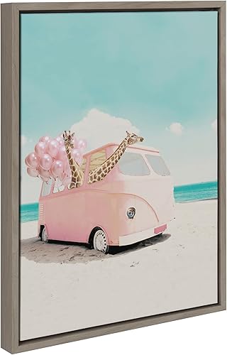 Kate and Laurel Sylvie - Lienzo enmarcado con diseño de furgoneta rosa de Julio, 18 x 24 pulgadas, gris, decoración de pared de playa de jirafa