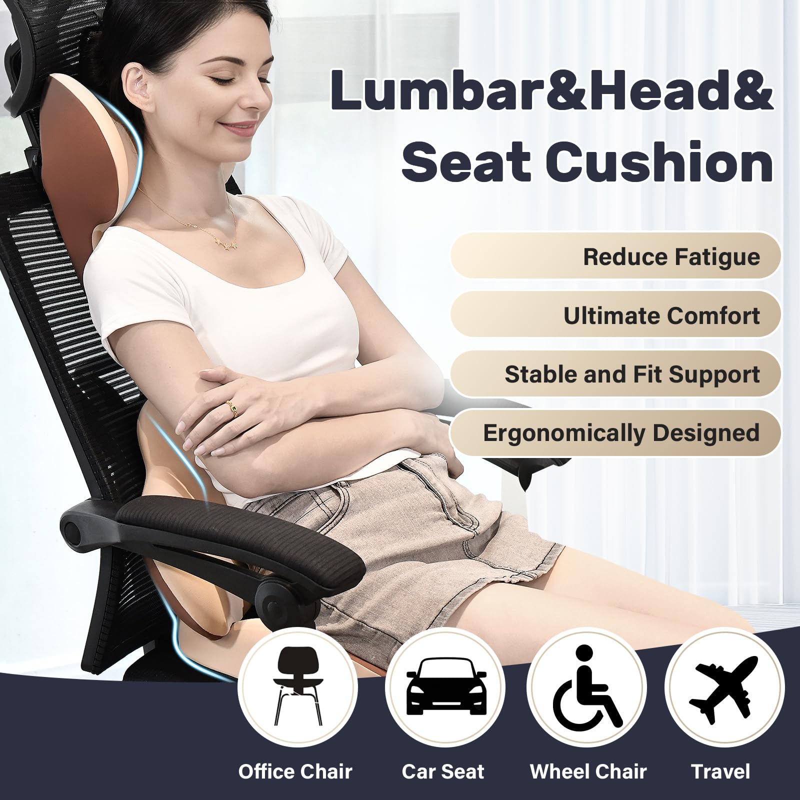 Coverado Cuscino di supporto lombare e Cuscino del collo per sedia da ufficio dell'automobile, Ergonomico Schiuma di memoria Sedia da scrivania Cuscino di sostegno posteriore & Cuscino poggiatesta