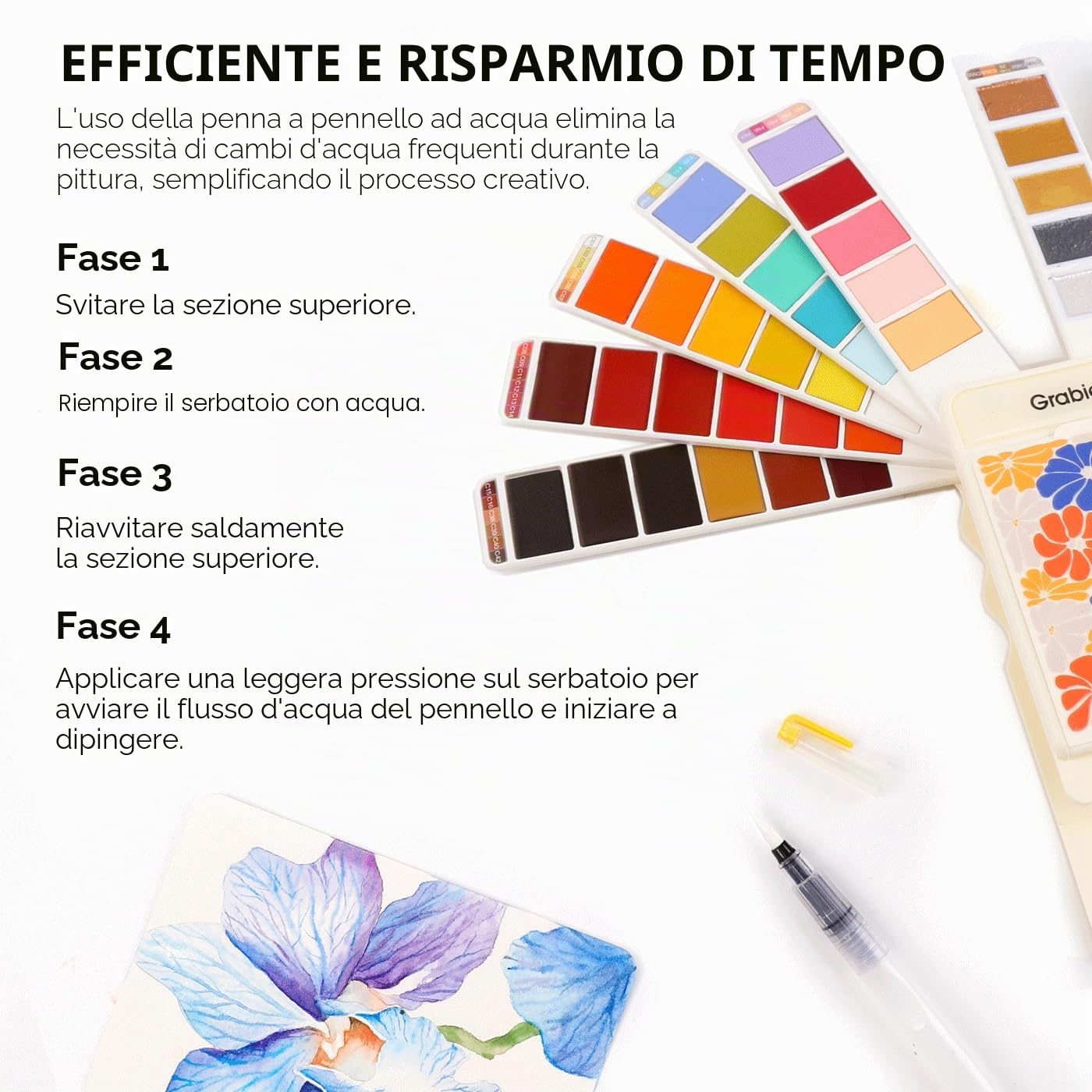 Grabie set di acquerelli portatile 56 colori con pennello e tavolozza | Pennello ad acqua, tavolozza integrata e spugna removibile, set compatto per schizzi, journaling e pittura