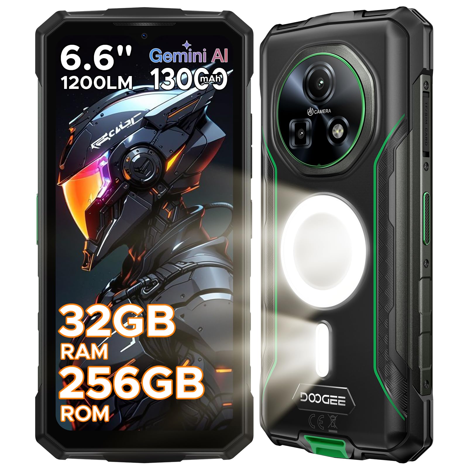 DOOGEE Fire 5 Ultra Rugged Smartphone, 32GB+256GB/2TB Telefono Indistruttibile, 1200LM Campeggio Luci, 13000mAh Batteria, MTK G81, Android 15, 48MP+8MP/4G Dual SIM/Fingerprint/Face ID/NFC