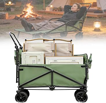 Adjustable Folding Trolley with Wide Wheels   Portable Garden Beach Fishing & Shopping Cart   Versatile Push and Pull Handle   Green ColorDesign