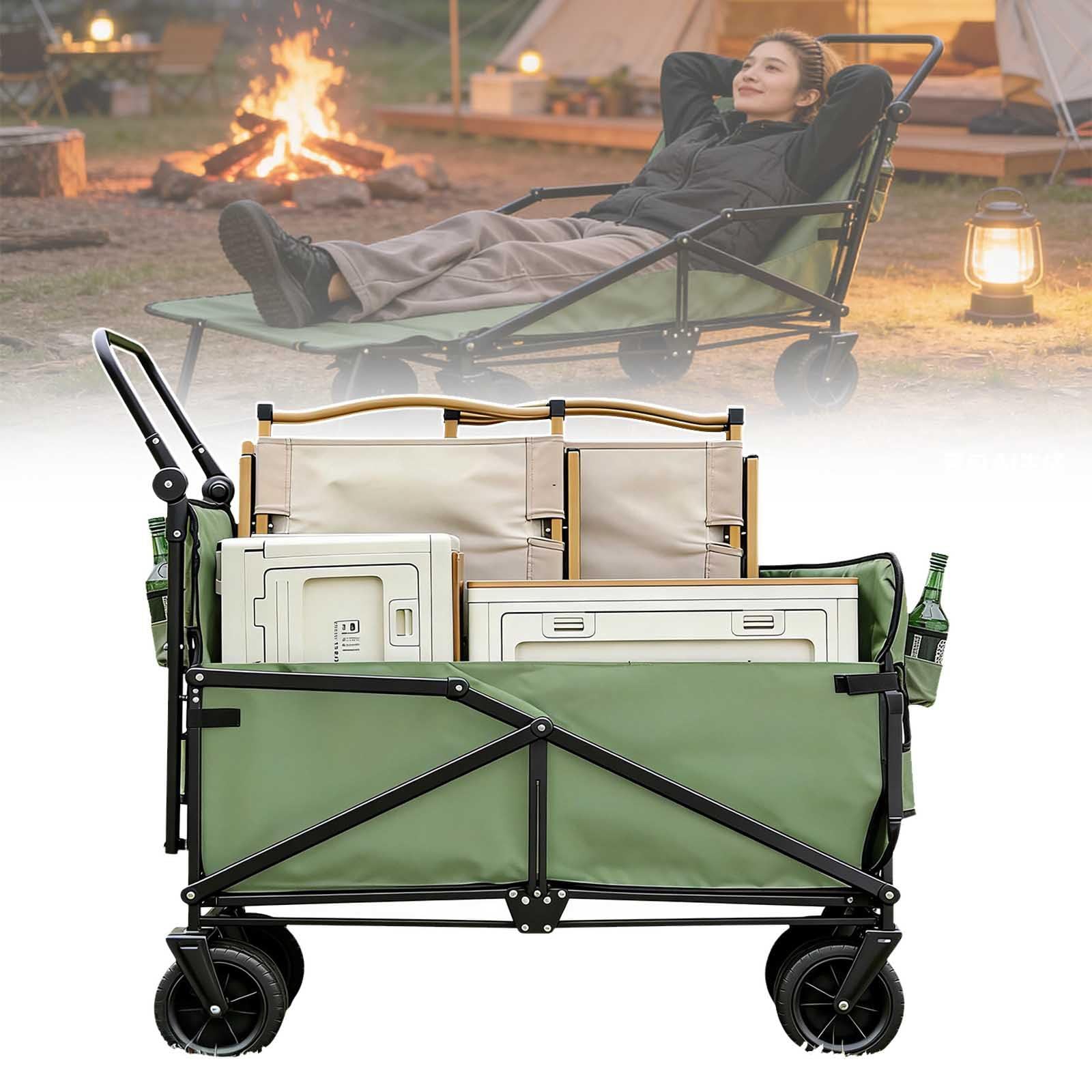 Carrello pieghevole con ruote larghe, manico portatile regolabile per spingere e tirare, ideale per giardini, spiagge, pesca, shopping e altro ancora