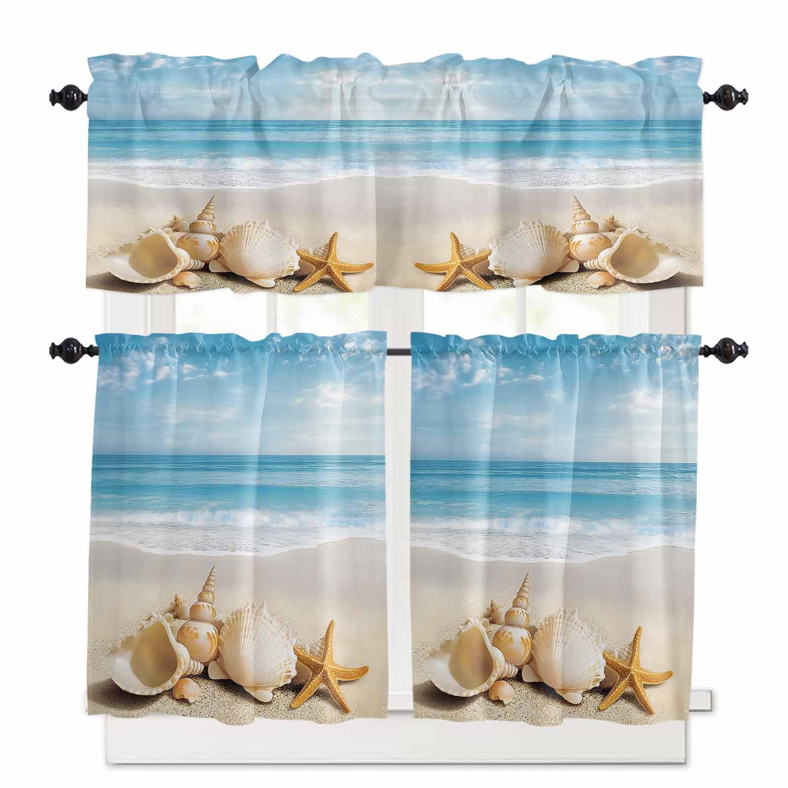 Coastal Seashells Kitchen Curtains 24 Inch Length,3 Piece Rod Pocket Small Half Tiers and Valance Set,Beach Ocean Nautical Starfish Conch Small Large Window Treatment Decor for Bedroom/Bathroom Sink