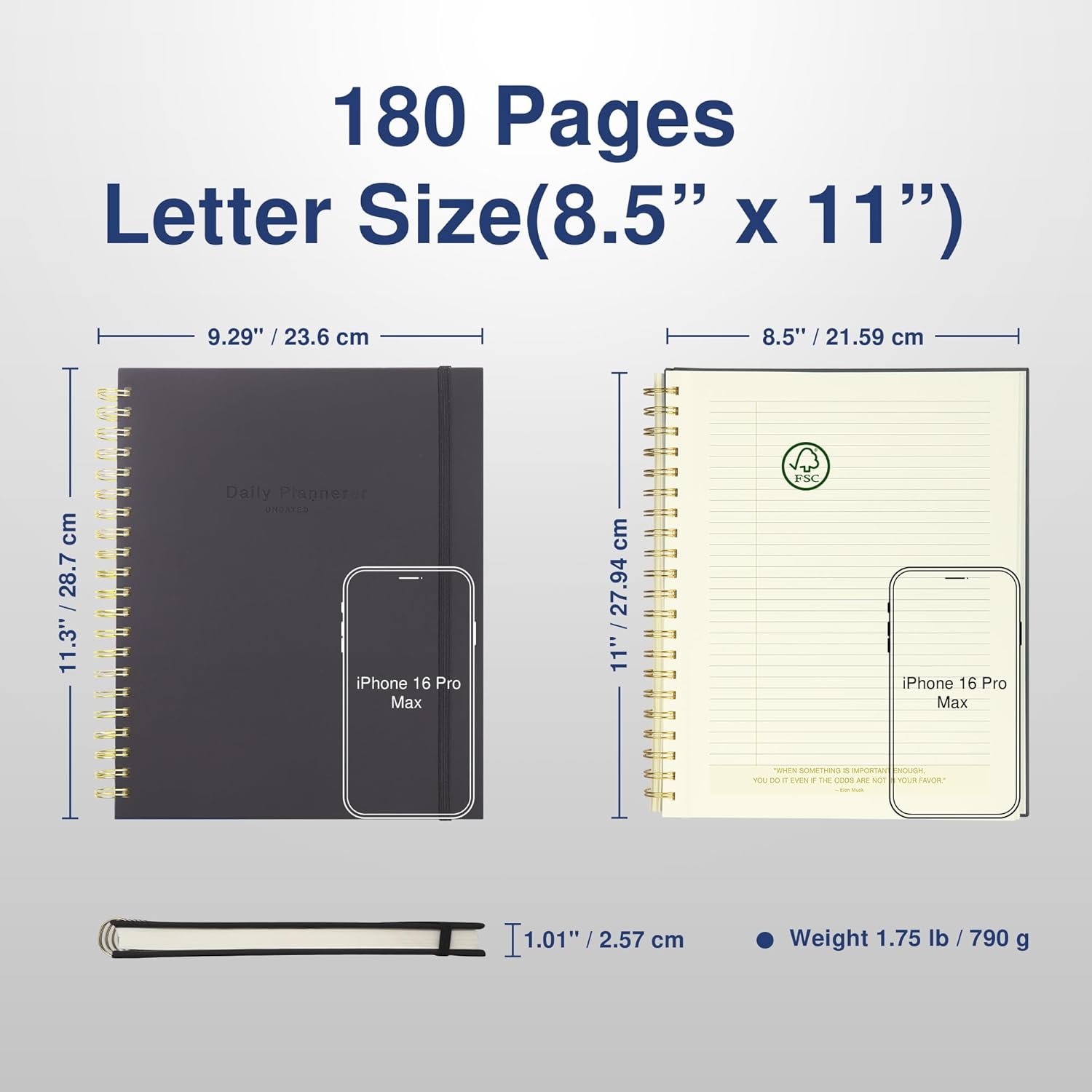 AuroPlanner Undated Daily Planner To Do List Hourly Schedule 2027 2026 2025 Calendar & Holiday Habit Tracker 180 Pages Letter Size 8.5" x 11" Sheets Hardcover Spiral Bound Notebook (Black)