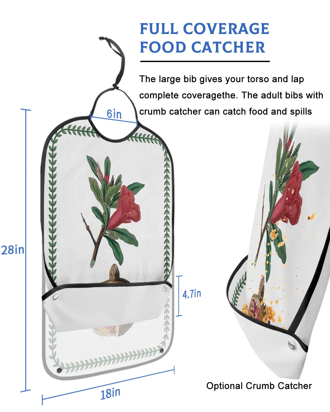 Spring Floral Pomegranate Adult Bibs for Eating, Waterproof Bibs with Food Catcher & Adjustable Snap Closure, Green Tropical Leaves Rustic Washable Clothing Protectors Adult Bibs for Elderly Women/Men