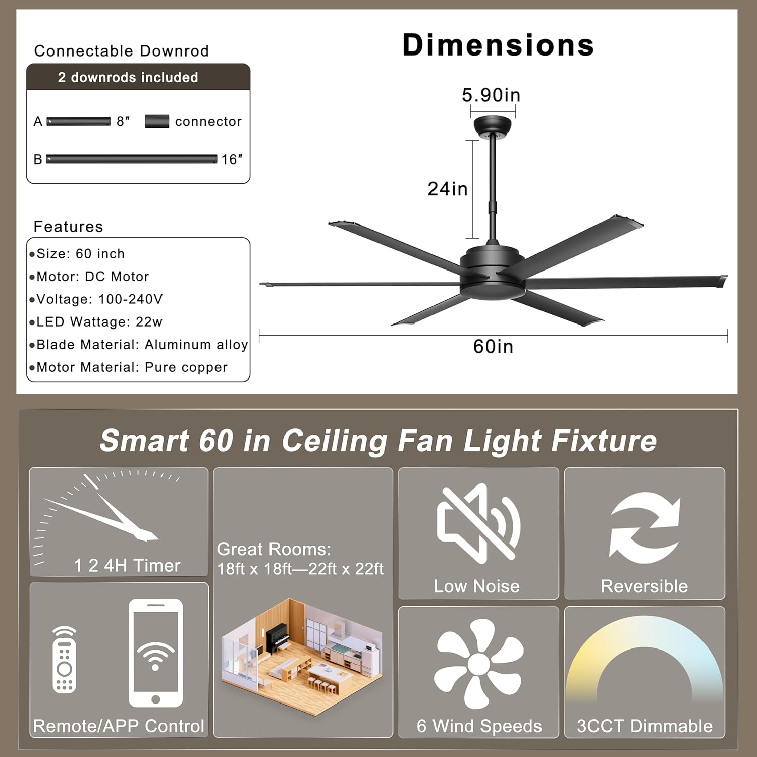 Ohniyou 60" Ceiling Fan No Light - Industrial Fan Remote & APP Control, Quiet DC Motor, Indoor/Outdoor Ceiling Fan for Patio, Shop, Garage, Aluminum Blades, Black