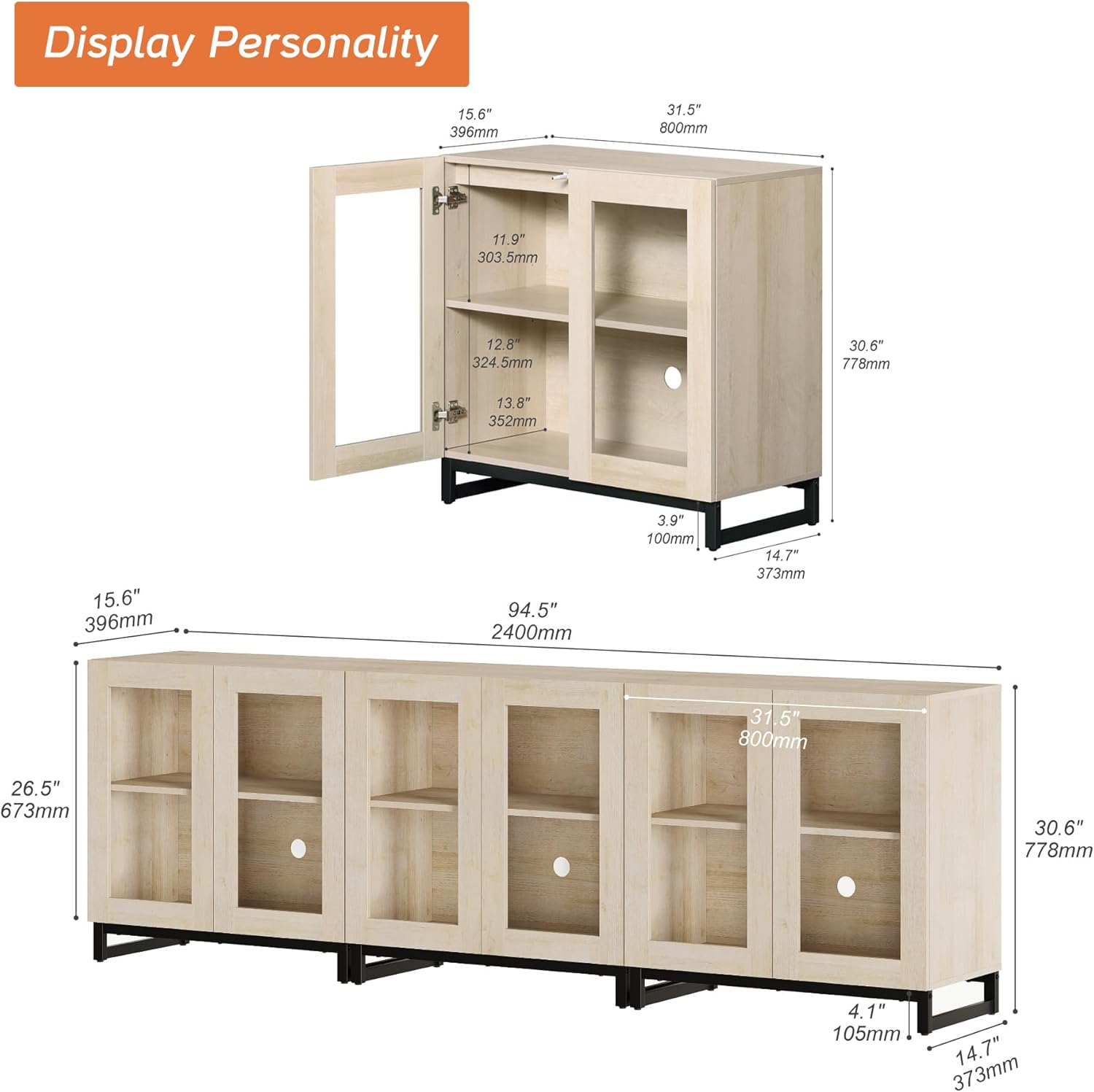 WAMPAT Modern TV Stand with Glass Doors for 32-120 inch TVs, Wooden Entertainment Center TV Console with Adjustable Shelves and Metal Base for Living Room, Bedroom, Light Oak, 3Pcs