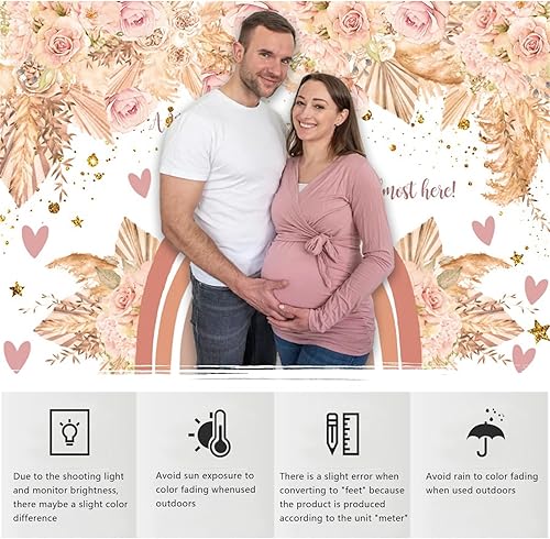 Miniatura 6 de YongFoto Telón de fondo bohemio para baby shower de 10 x 7 pies para fotografía de flores rosadas, corazón de amor, un pequeño rayo de sol está casi