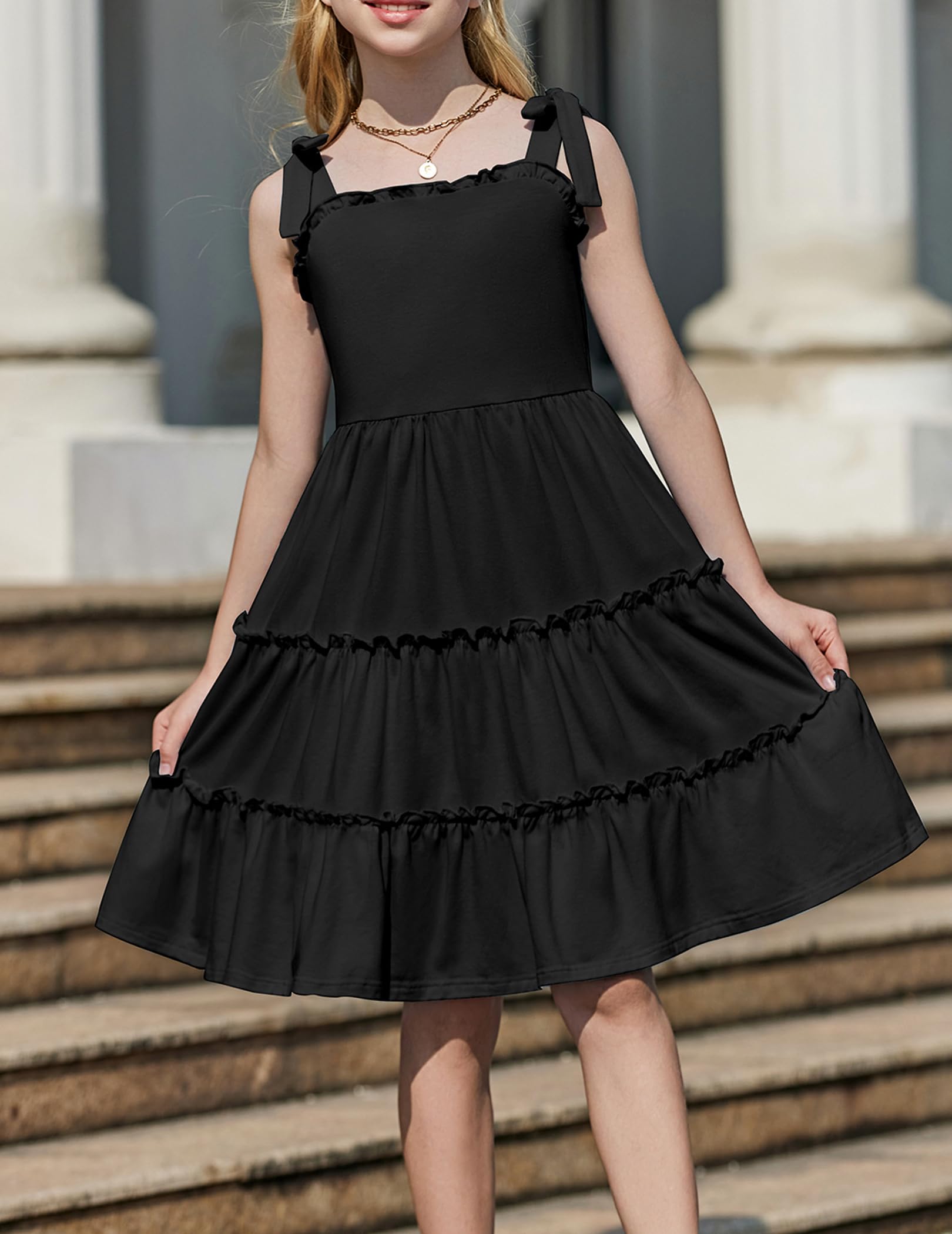 Arshiner Robes Fille Bretelles à Papillon d'été Robe en Coton sans Manches Élégante Trapèze Robe pour Fille 5-14 Ans