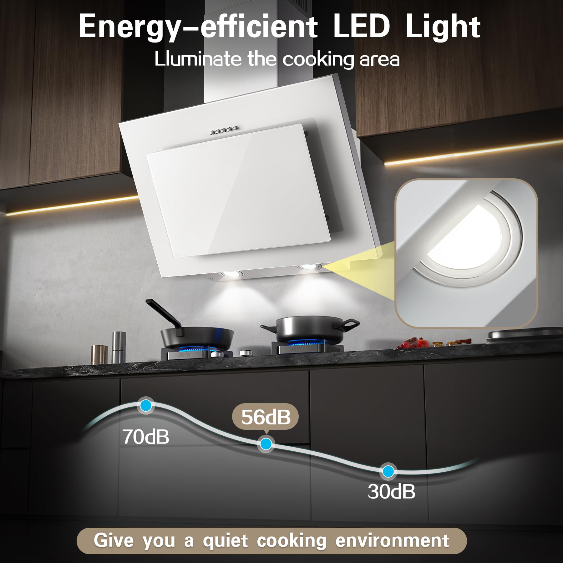 Okap kuchenny 60 cm, TopStrong okap 60 cm z funkcją obiegu powietrza/wyciągu z mocą ssącą 350 m³/h, Cicha podwieszana okapka 60 cm z diodami LED, w zestawie filtr węglowy aktywny, skośny okap ścienny