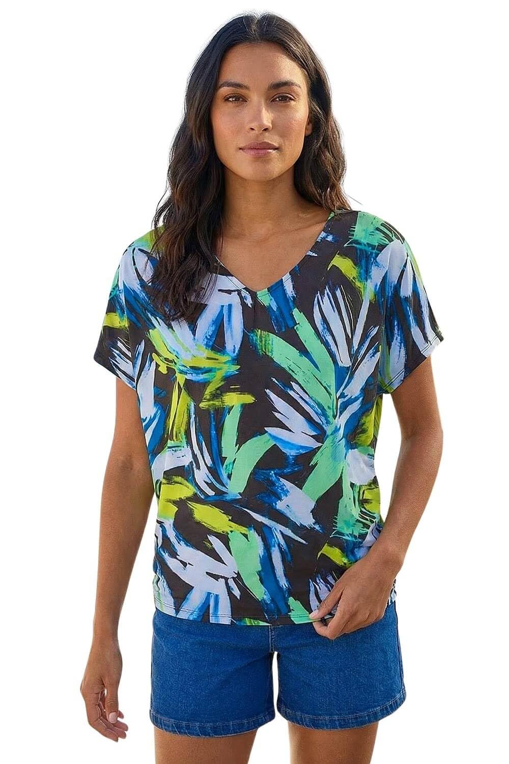 Roman Women's Abstract Print V-Neck Stretch Top in Navy | Size: 18