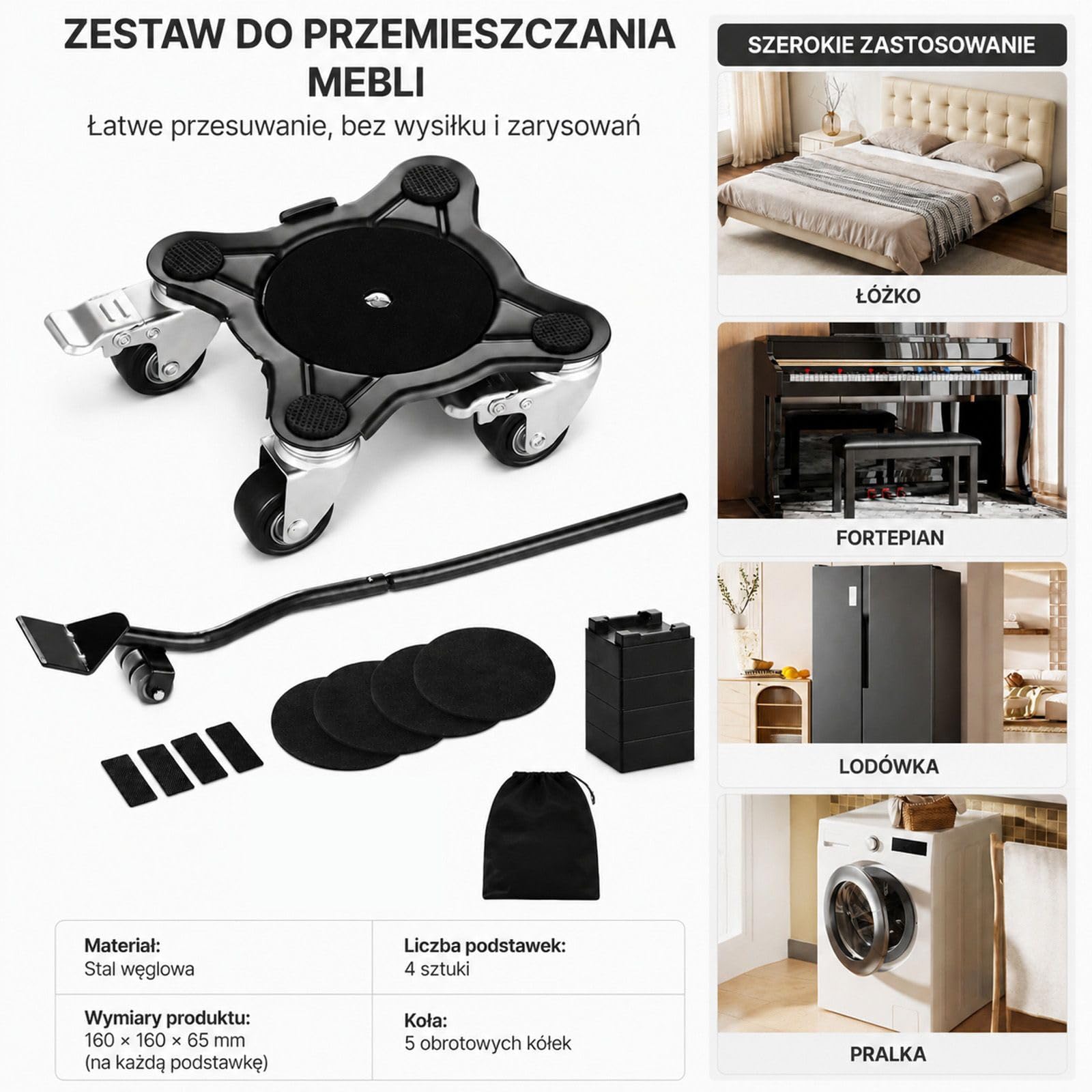 Zestaw 4 wózków meblowych z 5 obrotowymi kółkami, stalowy transporter do sofy, lodówki i pralki, z łomem, podkładkami, rękawicami i torbą