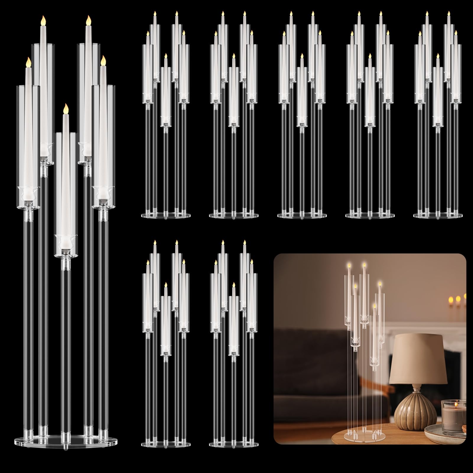 4 Set 5 Arms Acrylic Candelabra Centerpieces, Tall Candelabra, Clear Candle Taper Candlestick Holder, 5 Arms Candlesticks Holder with Acrylic Shade, LED Candle for Wedding Dinner Party 1 Set