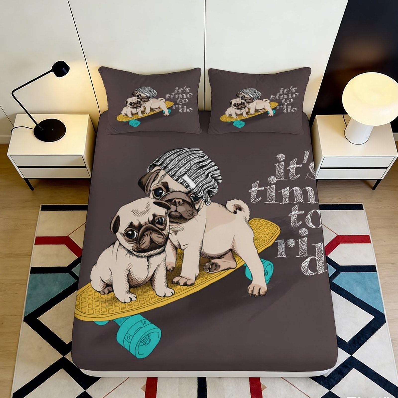 3D Printed Cartoon Pug Fitted Sheet Microfiber Soft Brown Skateboard Bed Cover for Bedroom Guest Room Decor 90x200x25cm