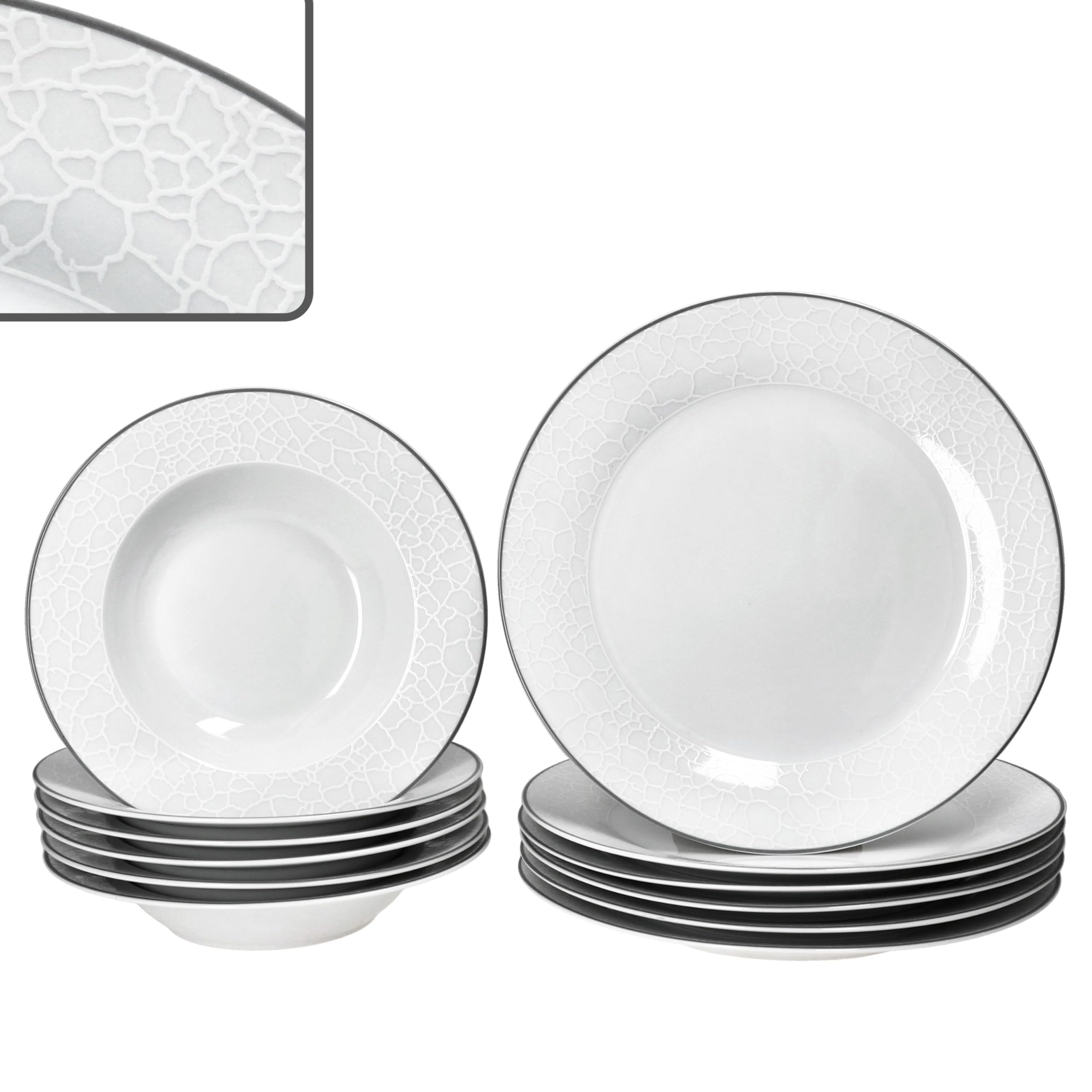 MamboCat Venise Service de table 12 pièces I Vaisselle en porcelaine blanche élégante pour 6 personnes I 6 assiettes plates et 6 assiettes creuses 150 ml avec relief aspect galets avec ligne grise