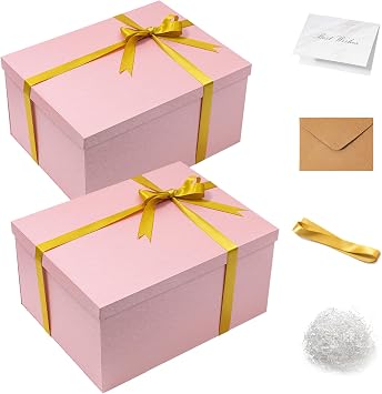 Mefleet 2 Pack Large Gift Box with Lid for Presents 16x12x8 Inches Pink | Contains Crinkle Paper, Ribbon and Card - Deep Gift Boxes for Christmas, Birthday, Valentines Day,Mothers Day Presents