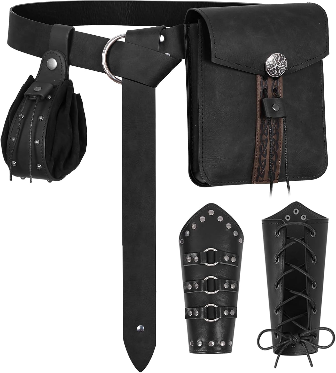 Renaissance Medieval Belt Pouch Set - Viking Accessories with Waist Bag, Purse & Leather Bracers for Halloween, LARP (Brown)