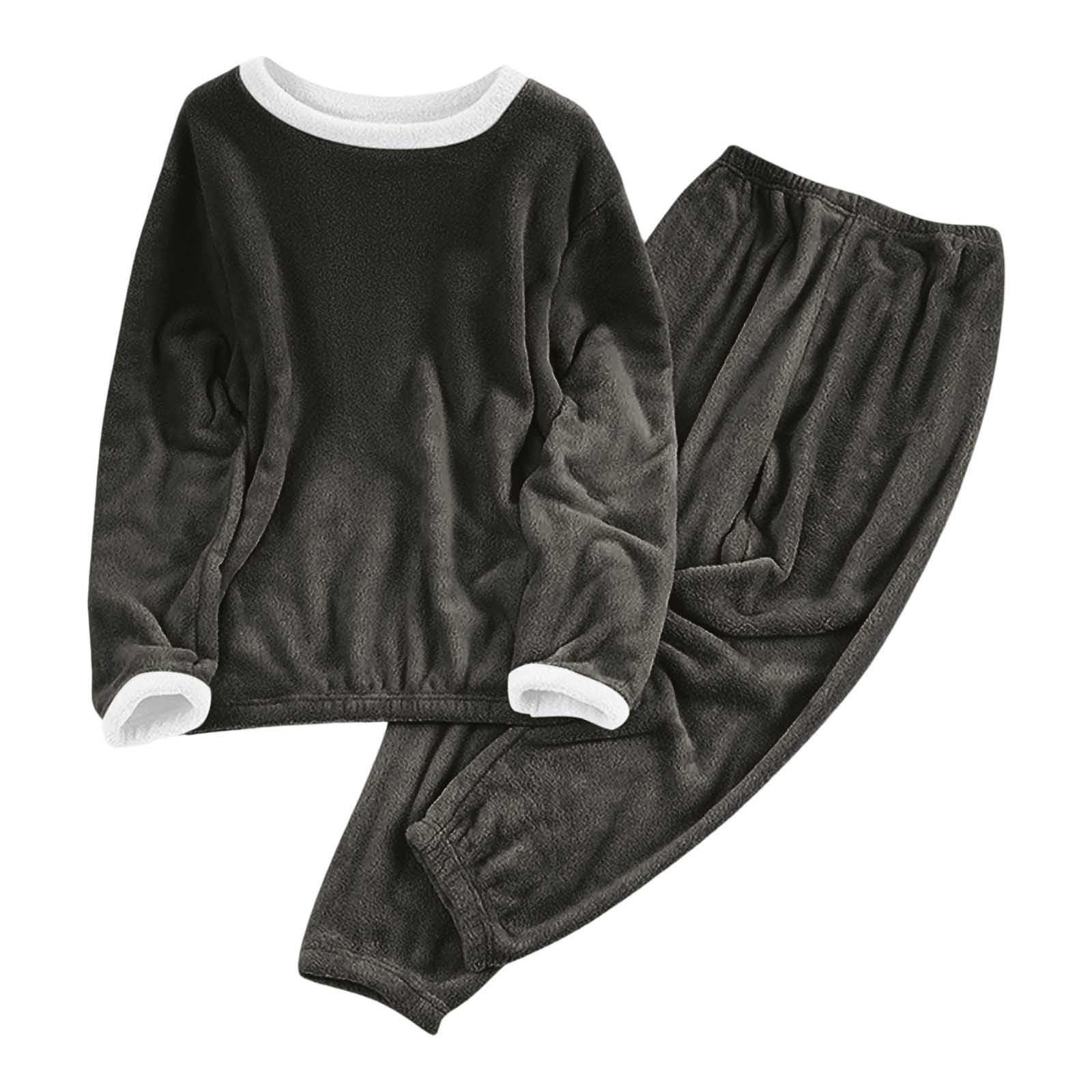 Schlafanzug Damen Fleece Winter Warm Dicker Pyjama Set mit Rundhals