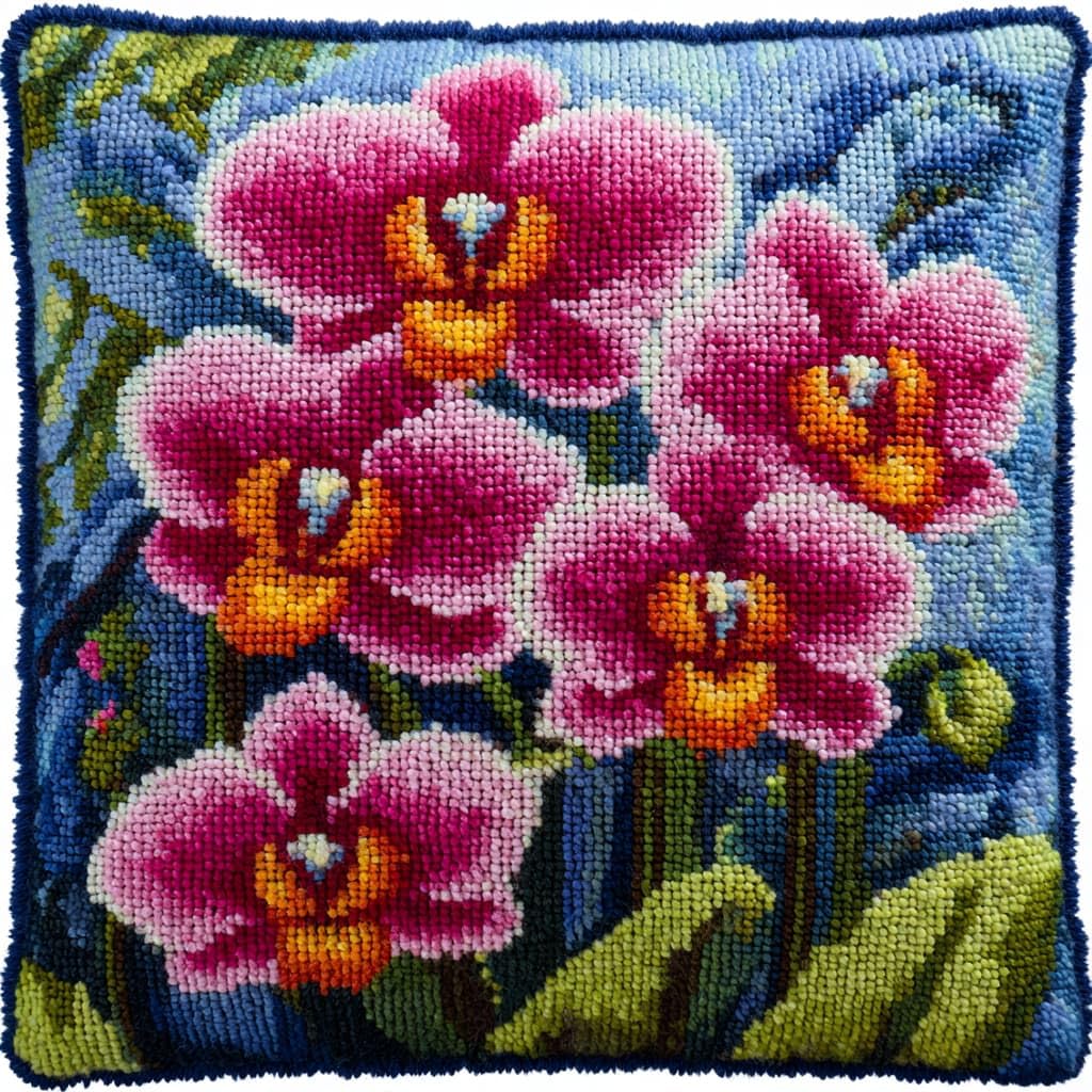 Taxpy Latch Hook Kits, Orchid Flowers Pillow for Pillow Pre-Printed Patterns Pillowcase Needlework Crochet Yarns Latch Hooking Cushion 17x17inch
