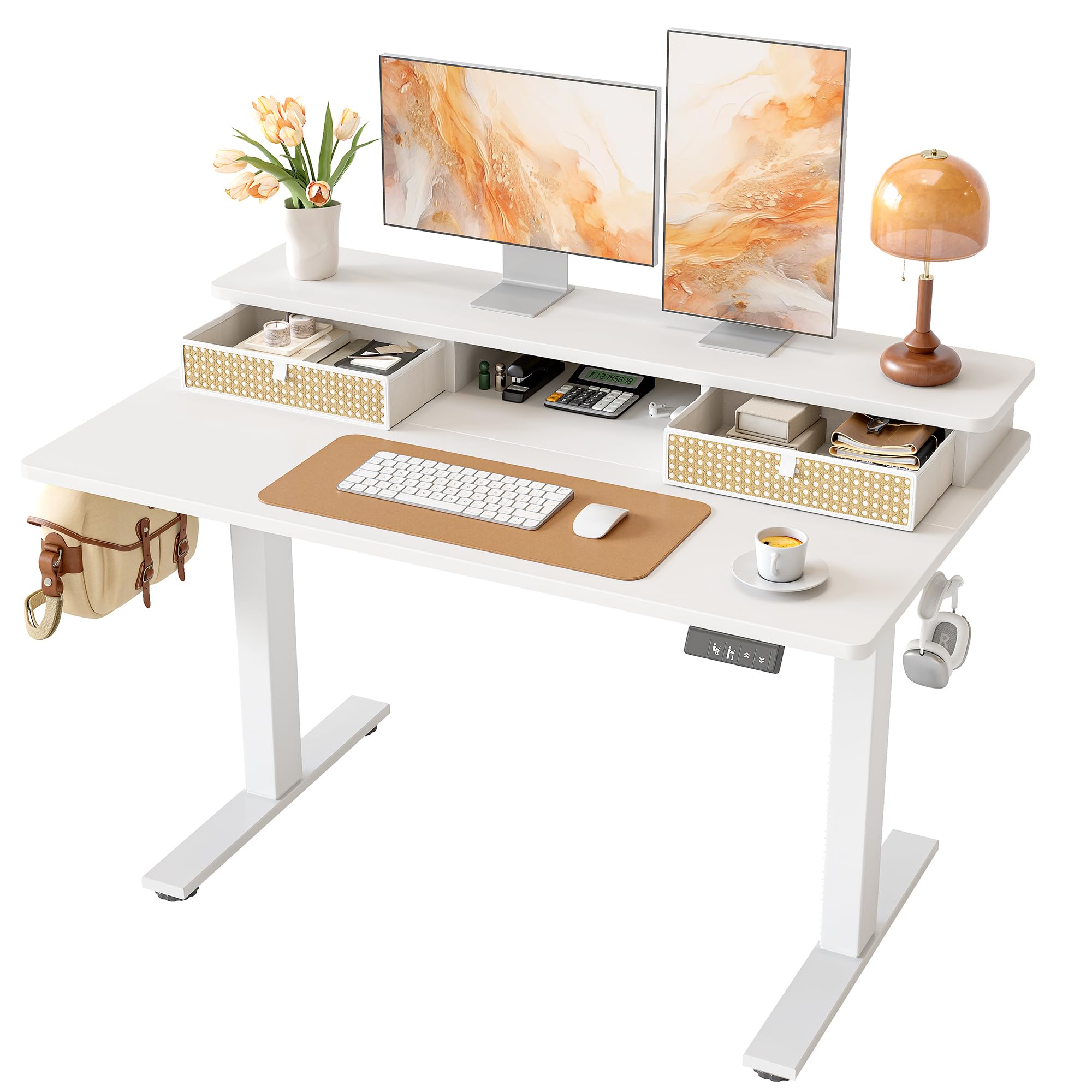 Photo 1 of TIQLAB Standing Desk with Two Drawers, Stand Up Standing Desk Adjustable Height, Electric Sit Stand Table with Storage Shelf and Splice Board, 48 * 24 inch, White Wicker