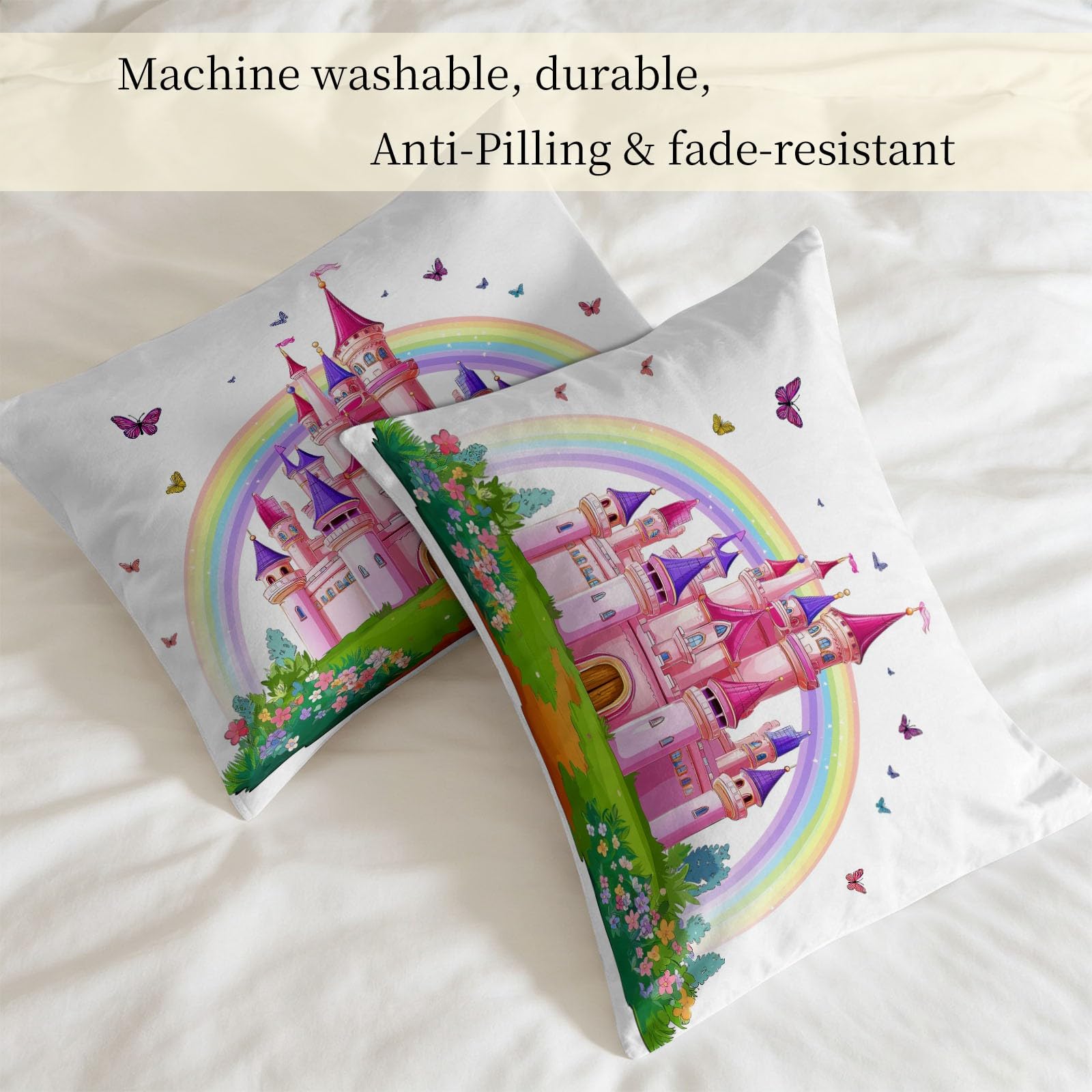 Edredón de 140 x 200 cm, diseño de castillo de arco iris, con mariposas, 1 persona, lavable, 4 estaciones, dibujos animados, suave e hipoalergénico, reversible sin fundas, con 2 fundas de almohada de