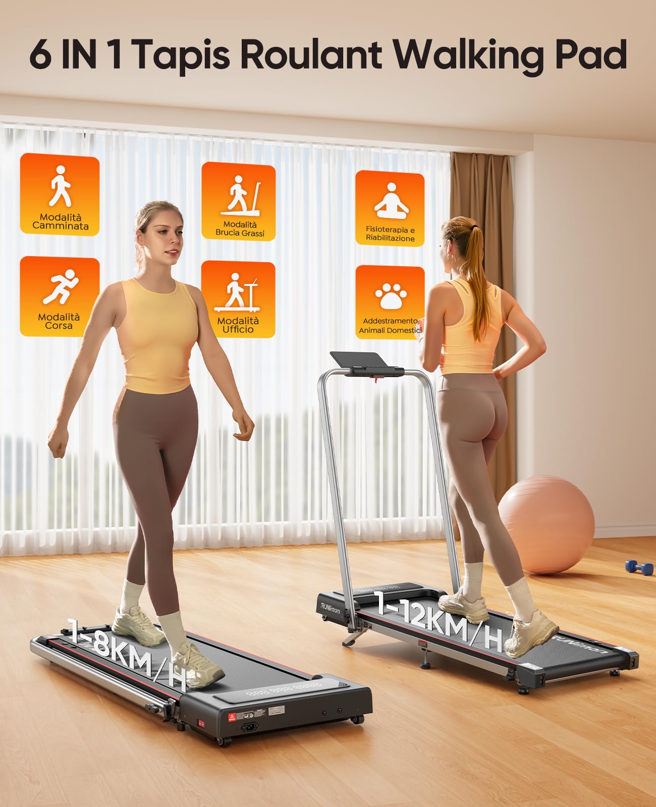 RUNIMON Tapis Roulant Elettrico Piehevole, 6 IN 1 Tapis Roulant Salvaspazio, Inclinazione 7%, 12 km/h, 2.5HP, Tapirulan con 2 Display LED, APP, Due Modalità di Controllo - Vista 3