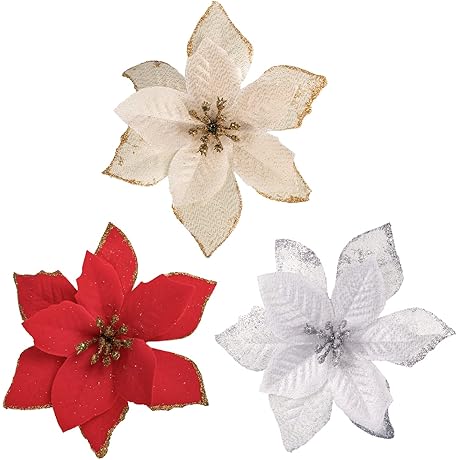 12 Pcs Christmas Poinsettia Glitter Flowers for Wreaths