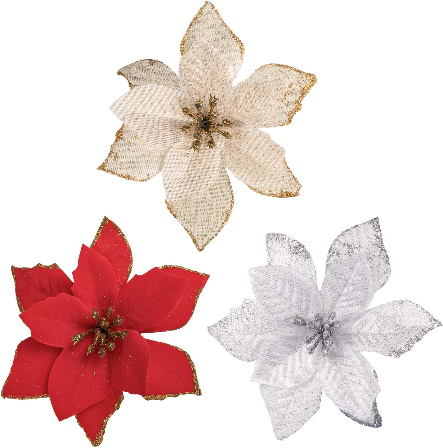 LMOPU 12Pcs Christmas Poinsettia Glitter Artificial Flowers