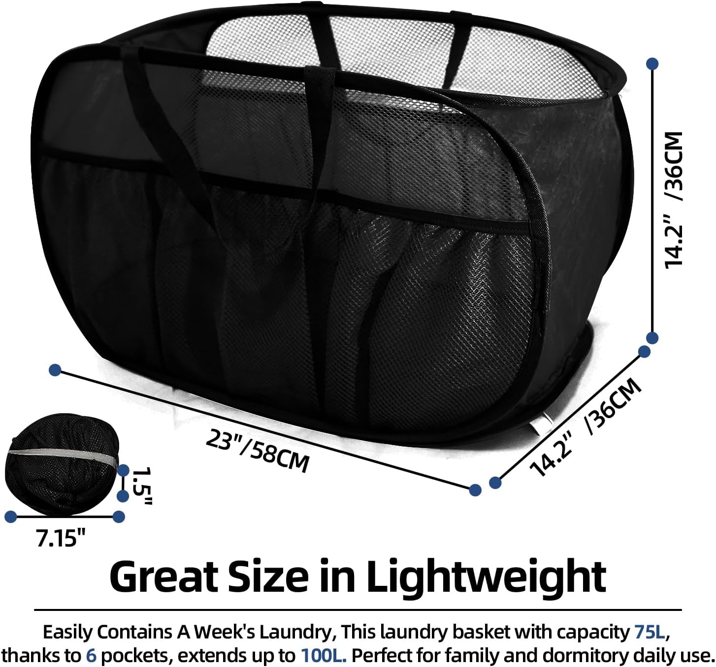 Collapsible Laundry Baskets, Upgrade Pop Up Laundry Hamper with Convenient Bags, Foldable Laundry Basket Mesh Light Weight, Easy to Carry Clothes Hampers for Laundry, Dorm, Toys, Travel Black image 4
