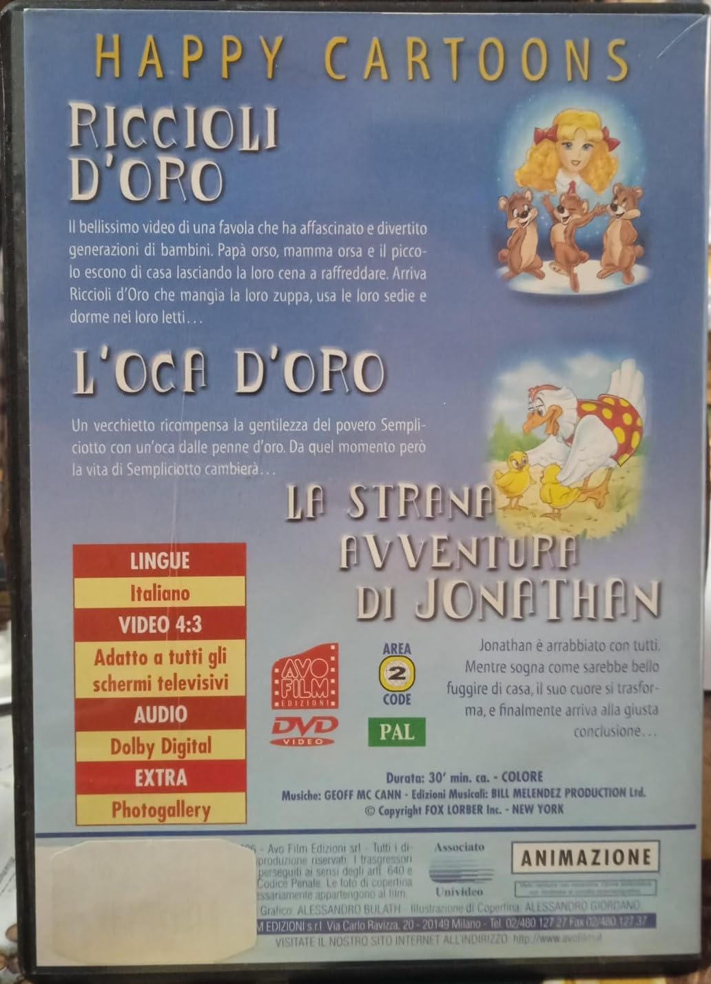 TeknoFilm - DVD - Cartoni animati RICCIOLI D'ORO - L'OCA D'ORO - LA STRANA AVVENTURA DI JONATHAN (2005) - AVOFILM