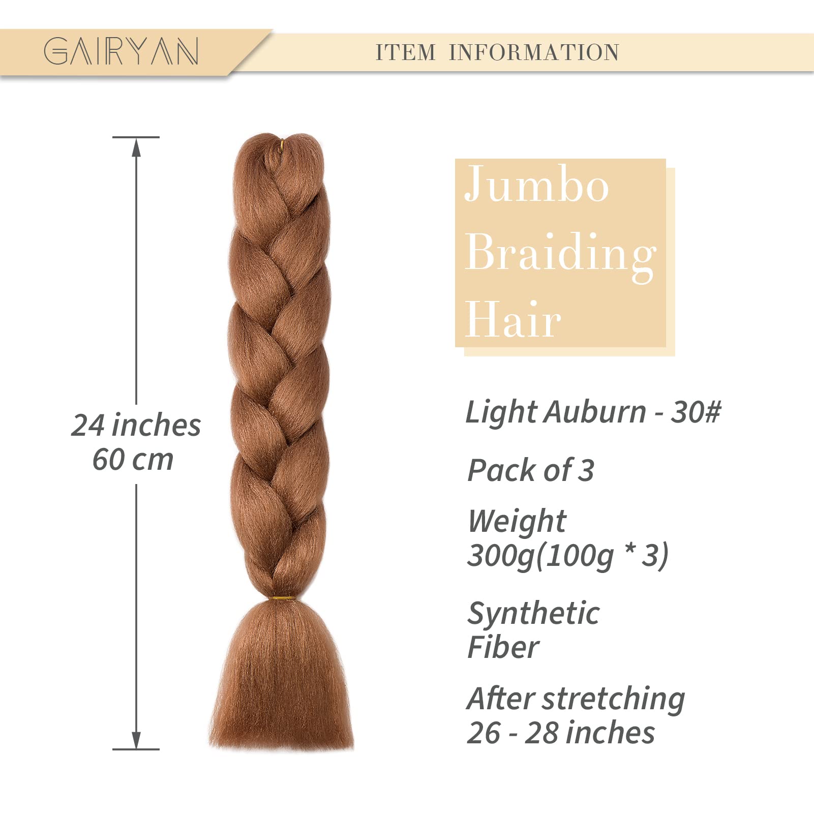 Gairyan Jumbo Braids Hair Extensions for Braiding 24" Colorful Ombre Jumbo Braiding Hair Extensions Synthetic Afro Hair Box Braids Crochet Twists 3 Bundles 300g Light Auburn - Image 2
