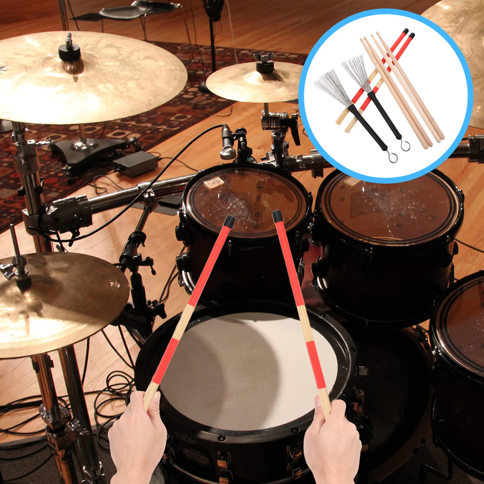 FRCOLOR Juego De Baquetas Para Batería 5a Con Cepillo De Alambre De Acero Para Batería Jazz, Color Rojo Con Funda De Tela Para Accesorios e Instrumentos Musicales, Adecuado Para Práctica y Escenarios