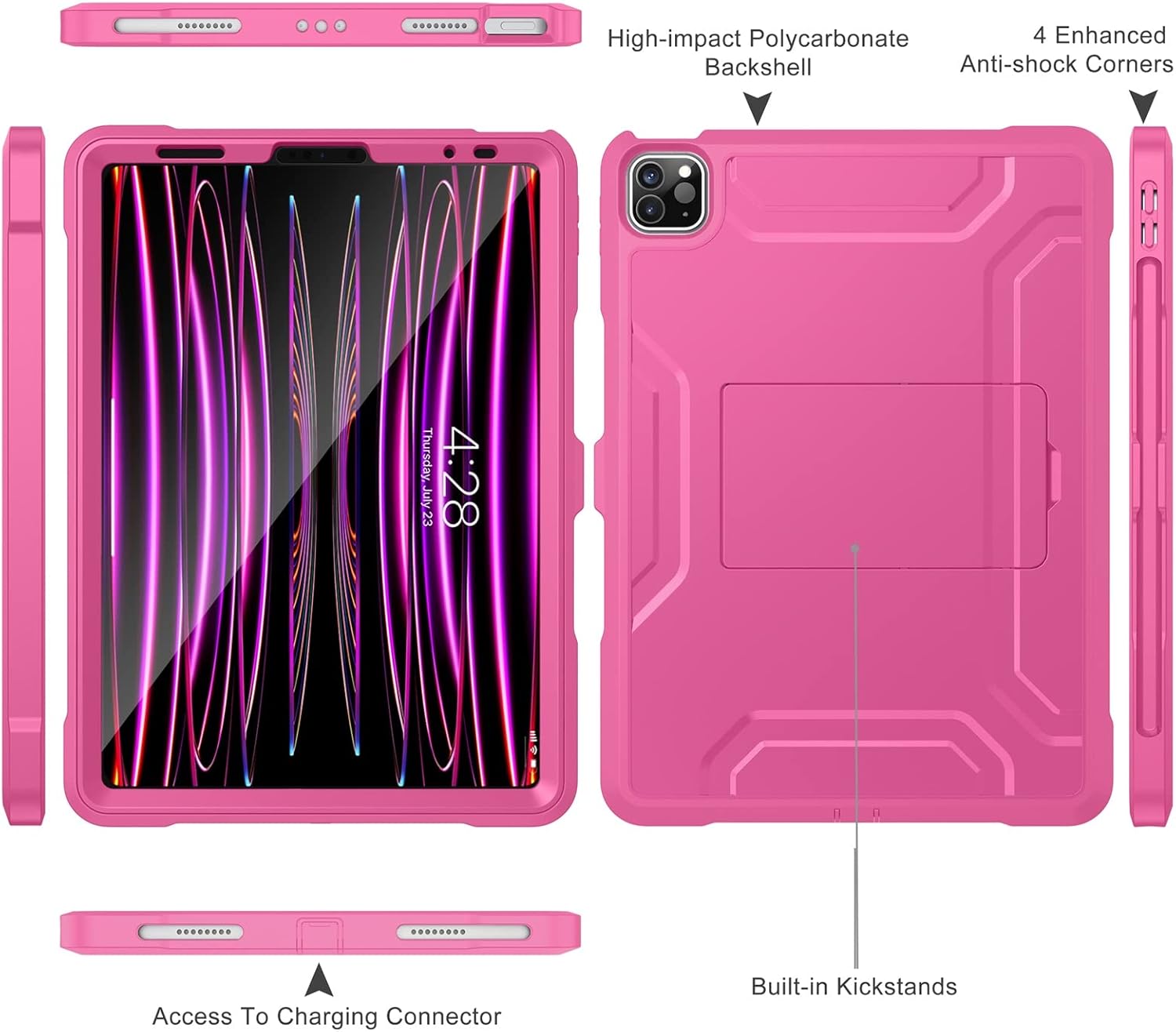 Soke Case for iPad Pro 11 Inch 2022/2021/2020/2018/iPad Air 5th/4th Generation,Built-in Screen Protector - Support 2nd Apple Pencil Charging - Heavy Duty Rugged Protective Kickstand Case - Hot Pink