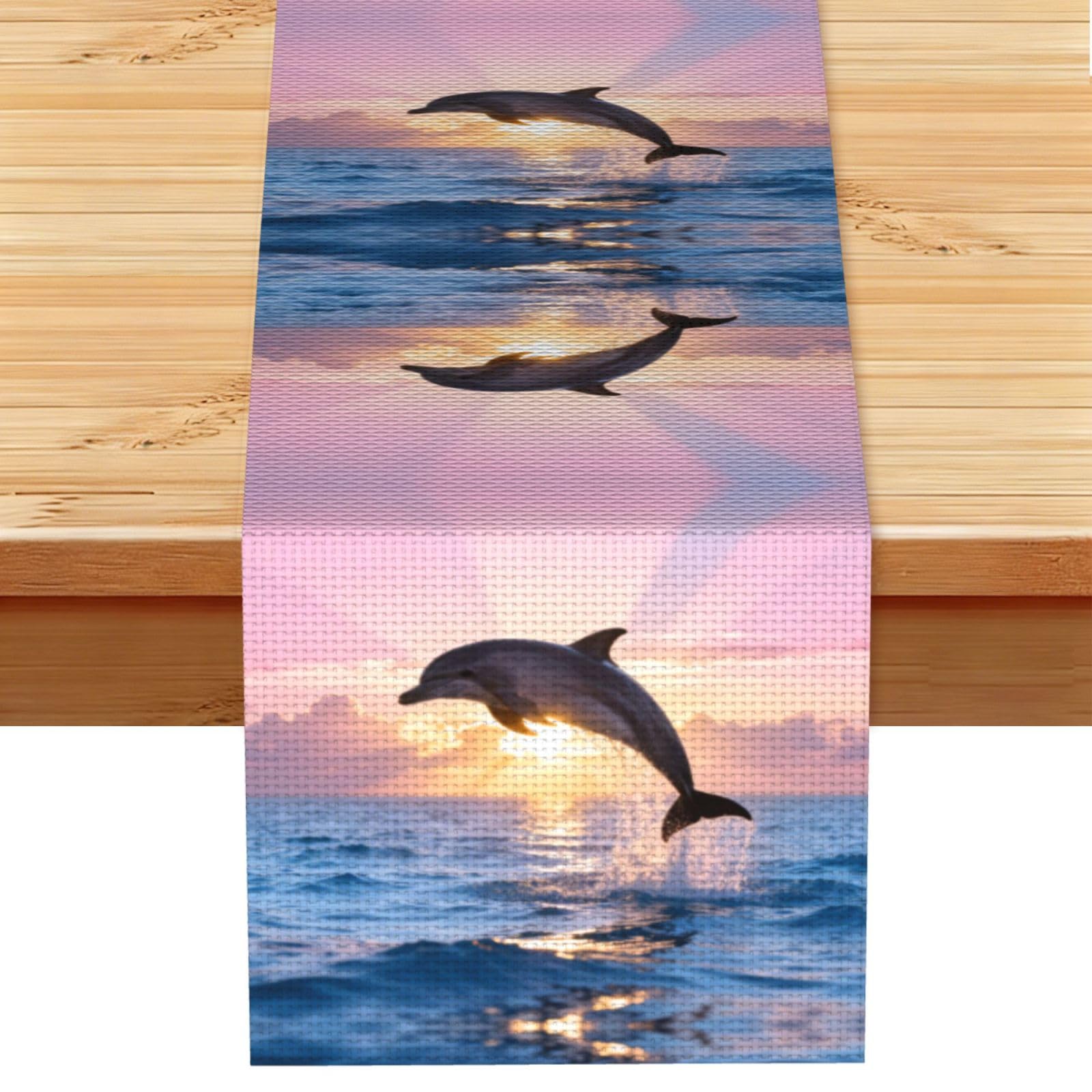 Dolphin Sunrise Jump Linen Look Table Runner 13x72-Wrinkle Resistant Farmhouse Style for Dining Table Decor