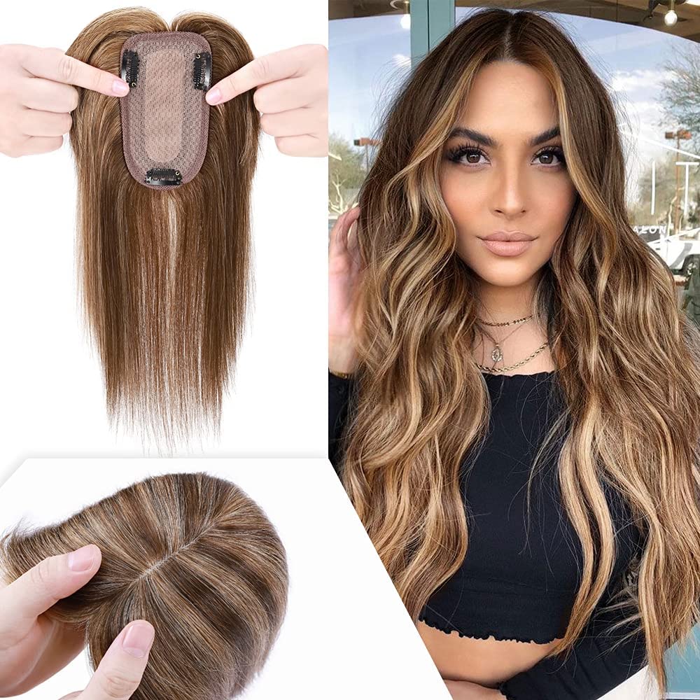 Hairro Human Hair Topper with Bangs, Remy Clip in Virgin Hair Hairpieces for Women, 2.8"x5.1" Silk Base for Thinning Hair/Hair Loss/Covering Greyish Hair