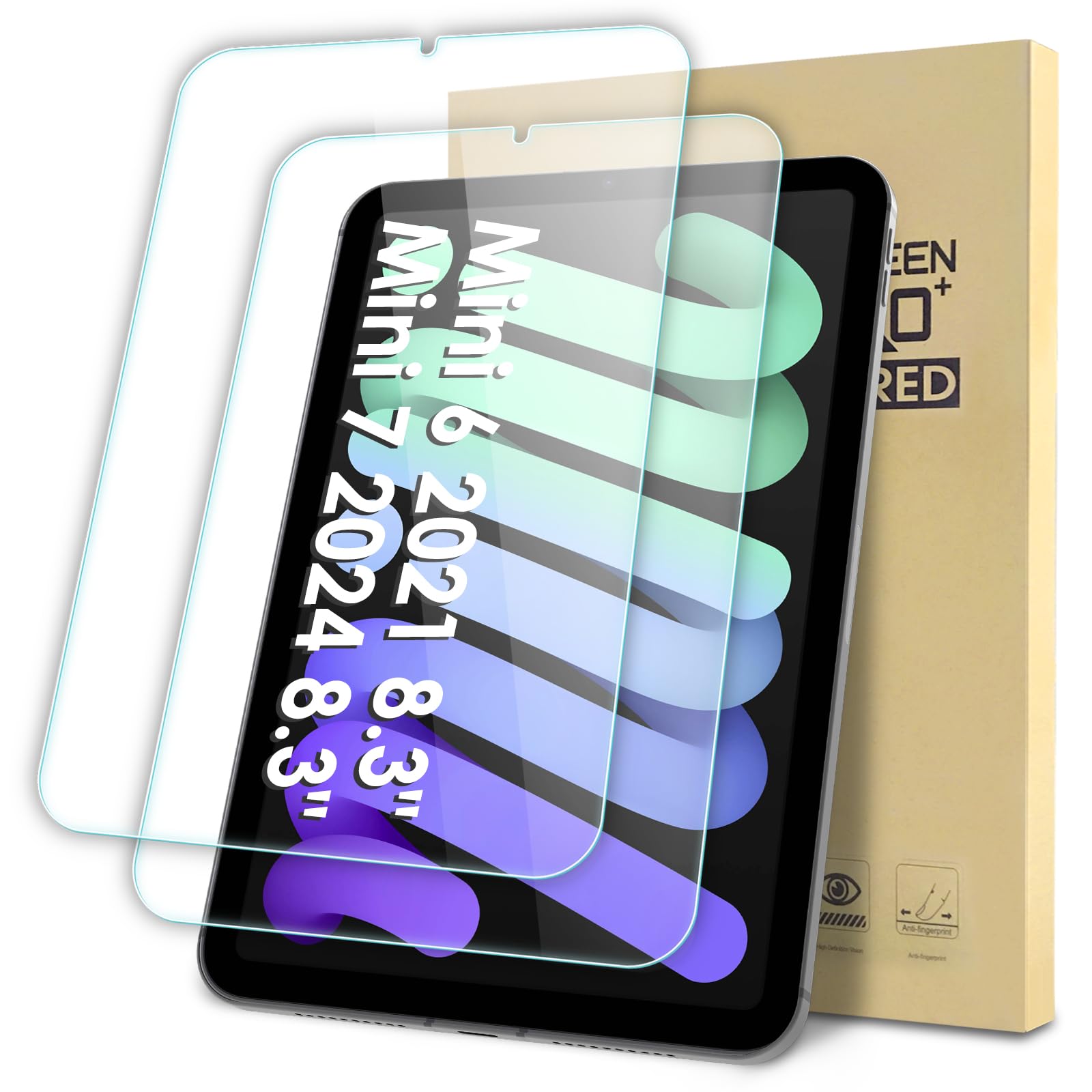 Suppeak 2-Pack Screen Protector Compatible with iPad Mini 7 2024 (A17 Pro)/ iPad Mini 6 2021 (8.3 inch, 7th/6th Generation), Tempered Glass Clear Film, Anti-Scratch, 9H Hardness, Easy Installation