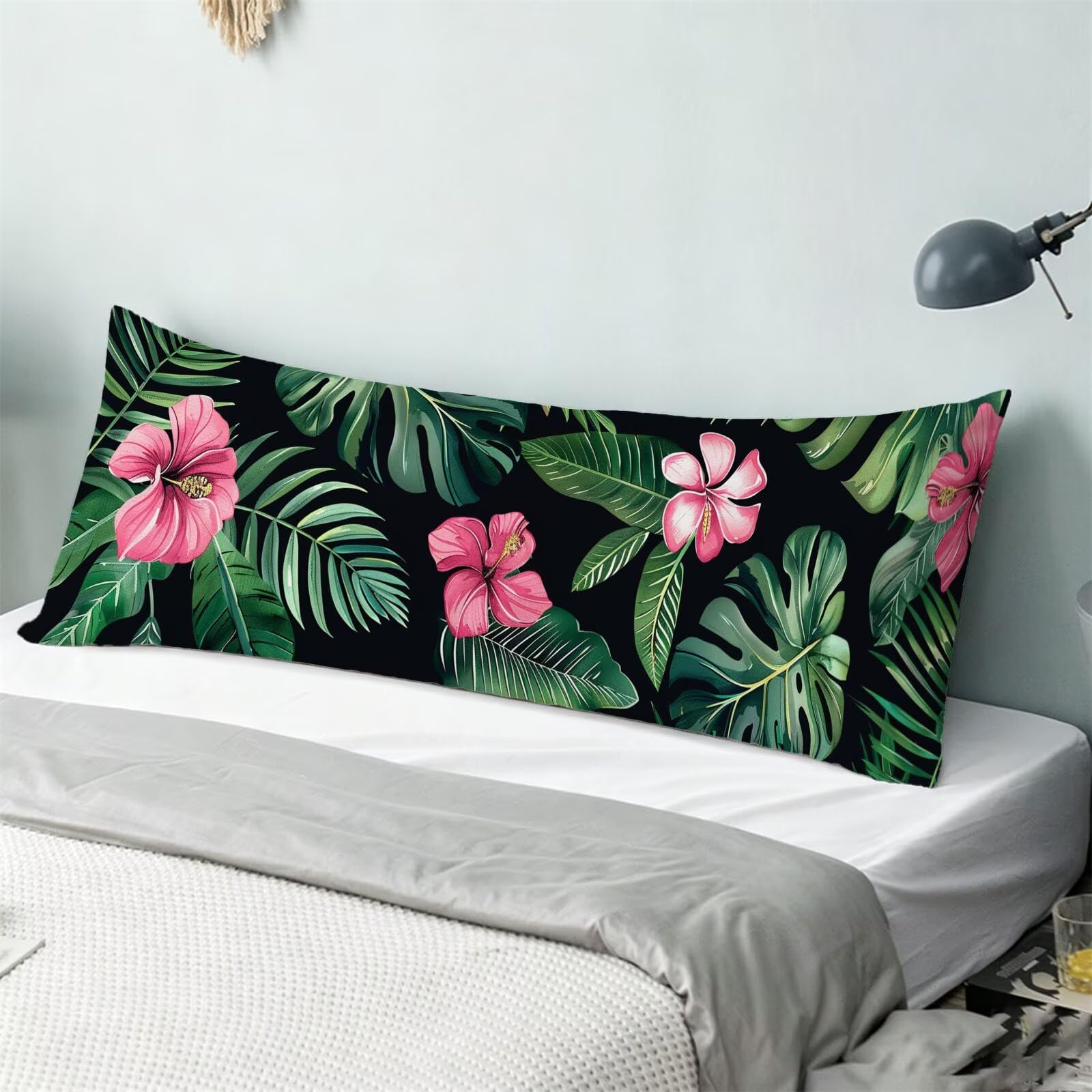 Funda de Almohada 60 x 180 cm Verde Protector Almohada 180 cm con Cremallera Invisible, Lino Durable y Transpirable Pillow Case Largas Hojas Impresión a Doble Cara para Cama, Sofá y Dormitorio dg-556