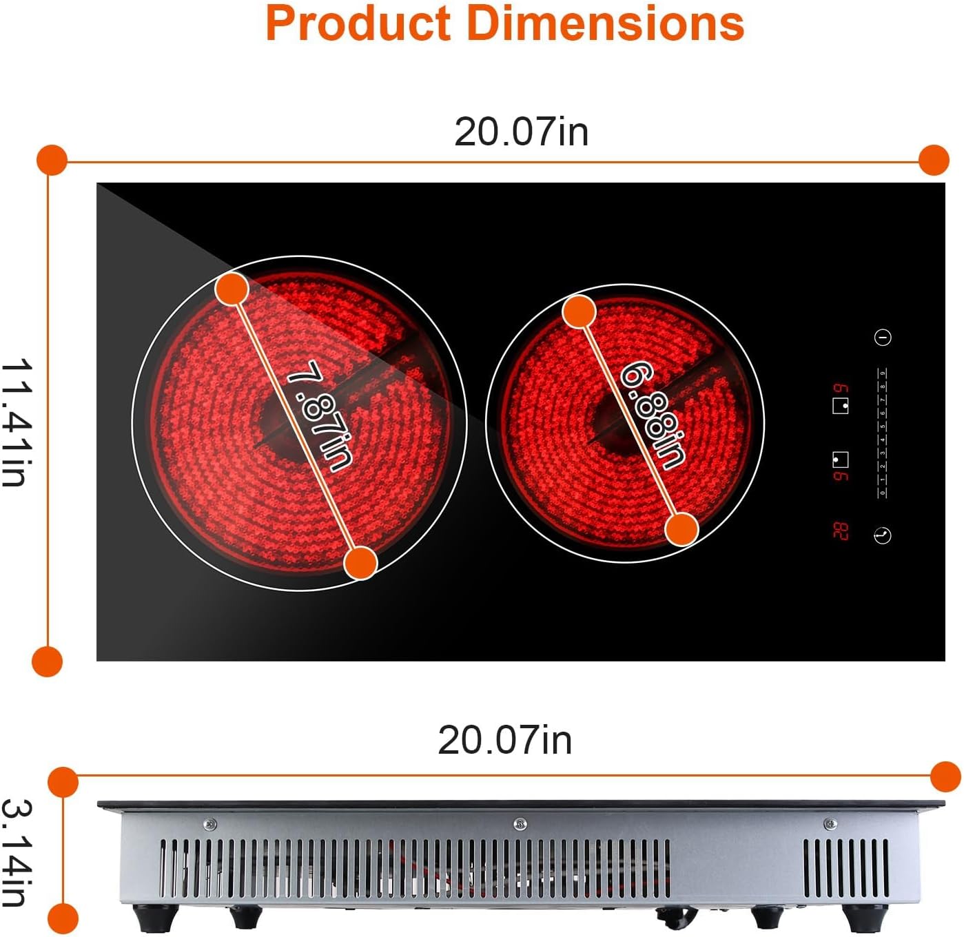 TeqHome 2 Burner Electric Cooktop, 1900W Plug in Radiant Electric Stove Top, 12" Built-in Ceramic Cooktop with Residual Heat Indicator, 9 Power Levels,Touch Control,Timer,Overheat Protection,110V-120V
