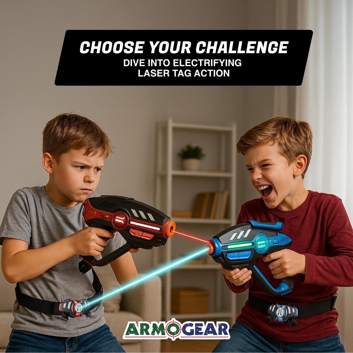 Due bambini che giocano con il laser tag, aiming their guns at each other with laser beams visible.