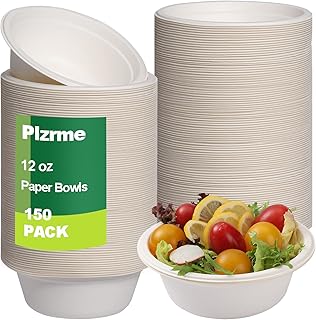 150 PCS Disposable Paper Bowls,Eco-Friendly Sugarcane Bowls,12 oz Heavy-Duty Paper Bowls,100% Compostable Soup Bowls,Biodegradable Bowls Compostable Paper Bowls for Hot or Cold Food,Snacks,Salads