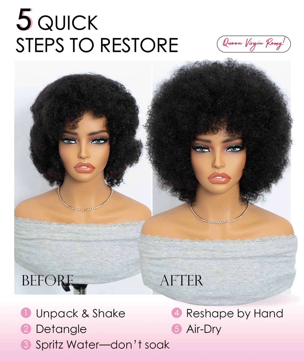 QUEEN VIRGIN REMY QVR Afro Wig For Women Short Afro Kinky Curly Bob Glueless Wigs Human Hair Natural Looking 70s Afro Wigs With Bangs Short Bouncy Afro Puff Wig For Daily Party Wear