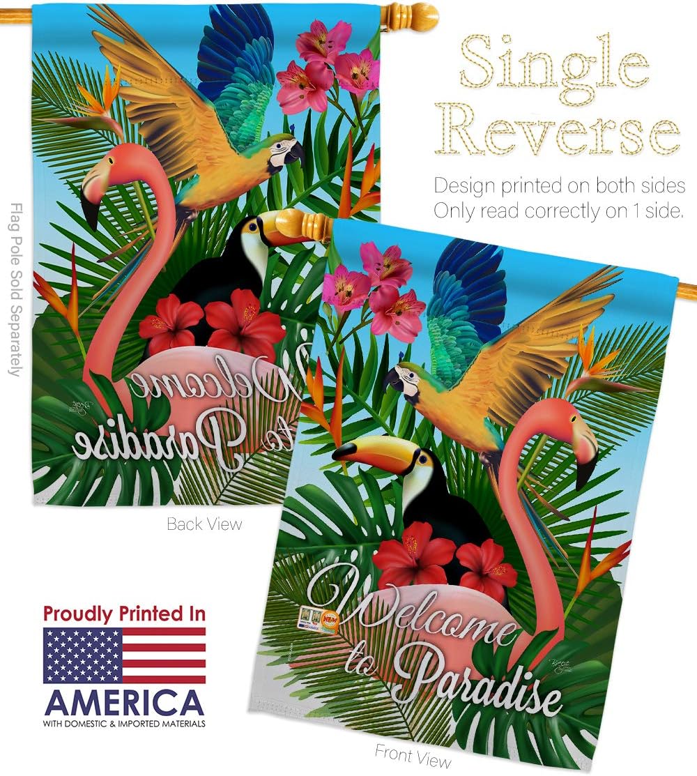 Tropical Bird Paradise House Flag Summertime Ocean Beach Seashells Pineapple Outdoor Summer Aloha Small Decorative Gift Yard Banner Made In USA 28 X 40