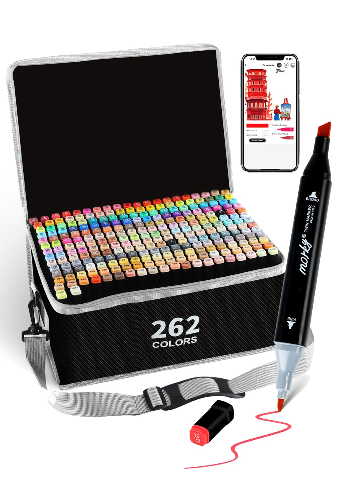 HornedDragon 262 Farben Alkohol Marker mit App, Doppelspitze Alkoholmarker (Meißel & Feine Spitze), Alcohol Marker für Erwachsener, Alkohol Stifte für Design, Malerei, Manga & Illustrationen