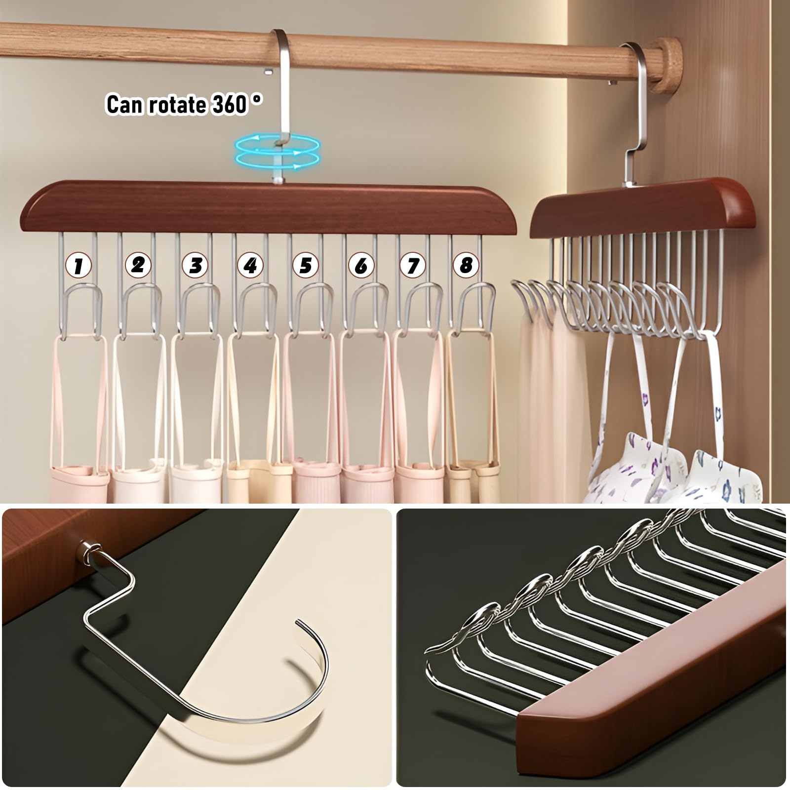Appendiabiti in Legno, 24 Ganci per Cintura Girevole, Chiusure per ripiano portaoggetti(Beige